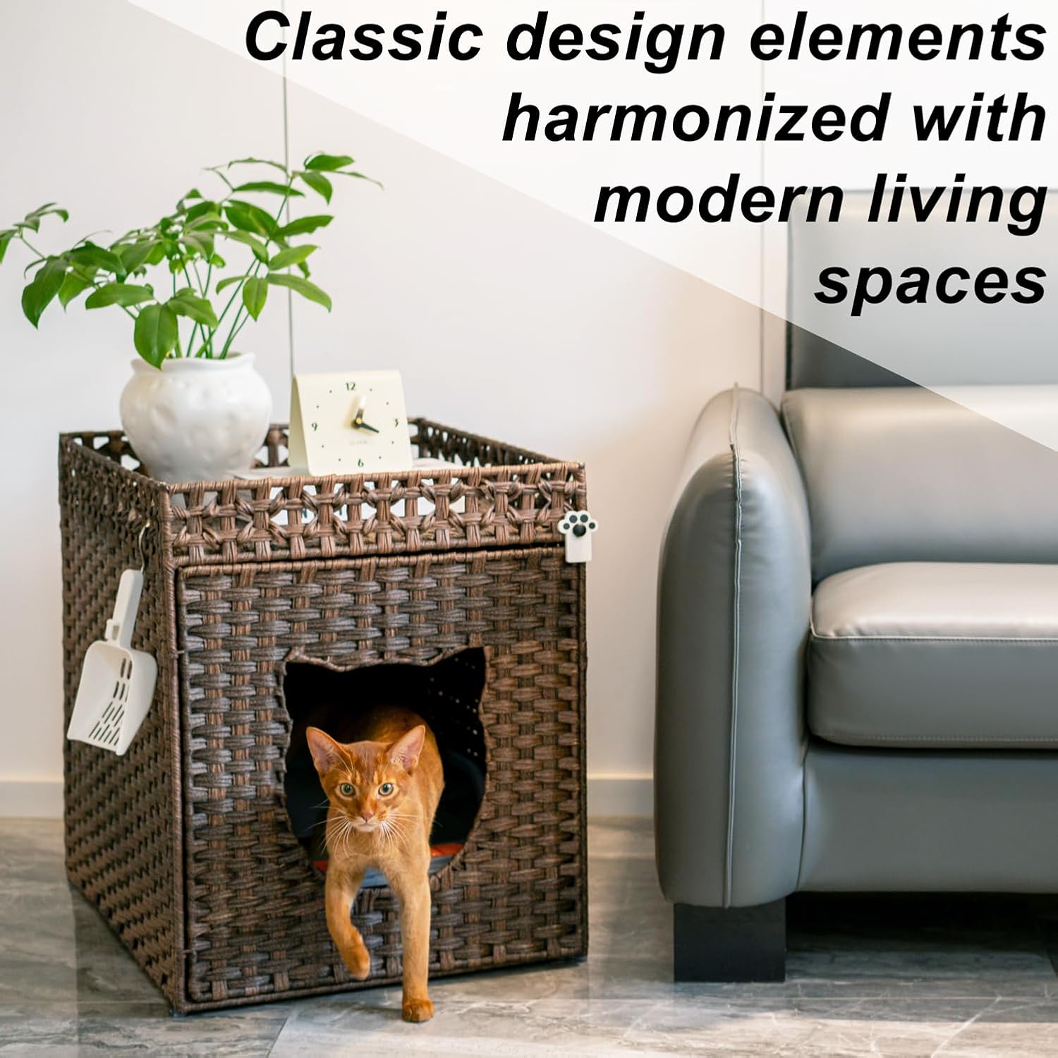 LUCKITTY Handwoven Rattan Cat Litter Box Enclosure for Large Litter Boxes, Includes 1 Litter Mat & 2 S-Hook Attachments, Furniture-Grade Hidden House for Living Room, Bedroom, 24.6"x24"x19.88" Brown