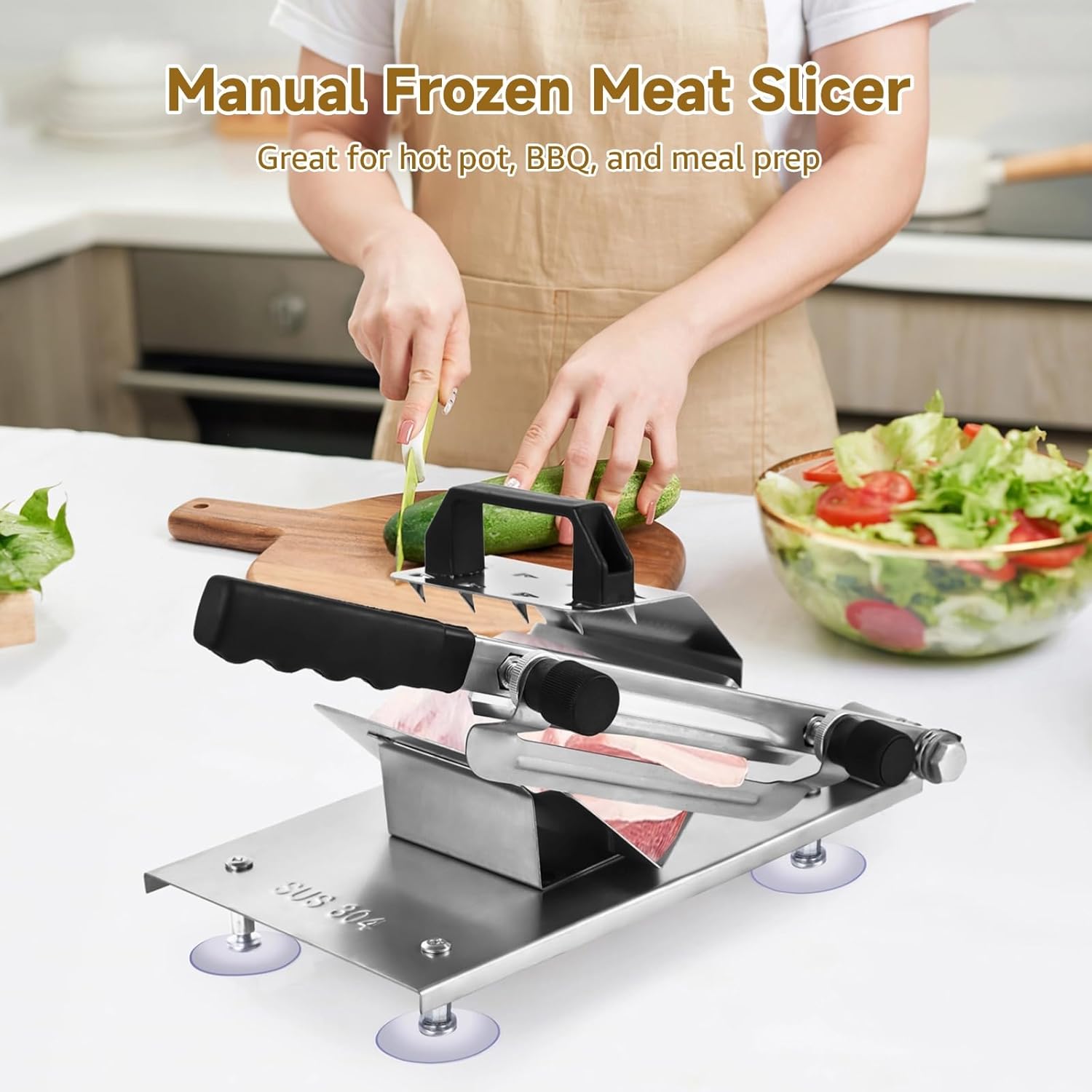 Manual Frozen Meat Slicer,Stainless Steel Meat Slicing Machine,Meat Cutter for Home and Commercial Use,Meat Cleavers Beef Mutton Roll,Adjustable Thickness,Includes Spare Cutter, 10 Bags