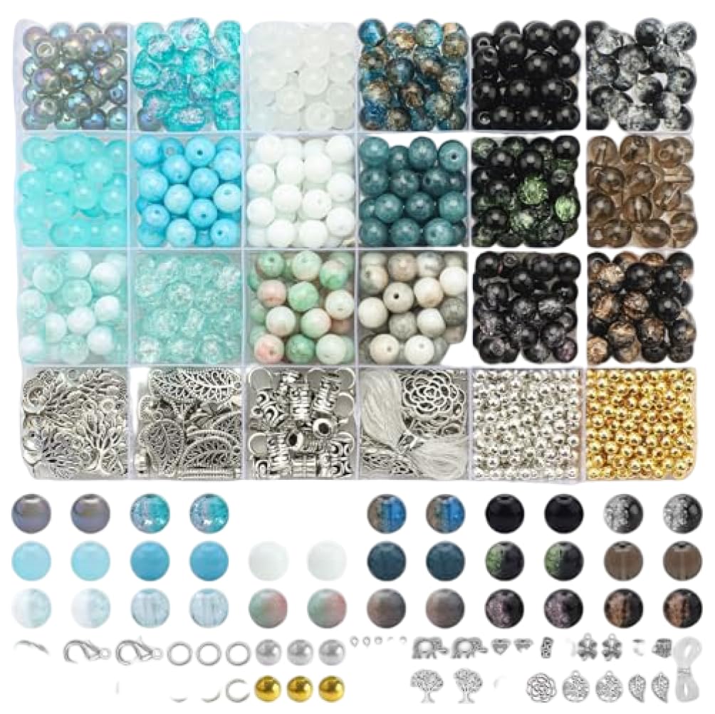 Riouwal Beads For Making Jewellery, 8mm Beads Jewellery Making Kit - 810-piece Earring Kit With Glass, Spacers, Pendants & Elastic Cord For Diy Bracelets, Necklaces