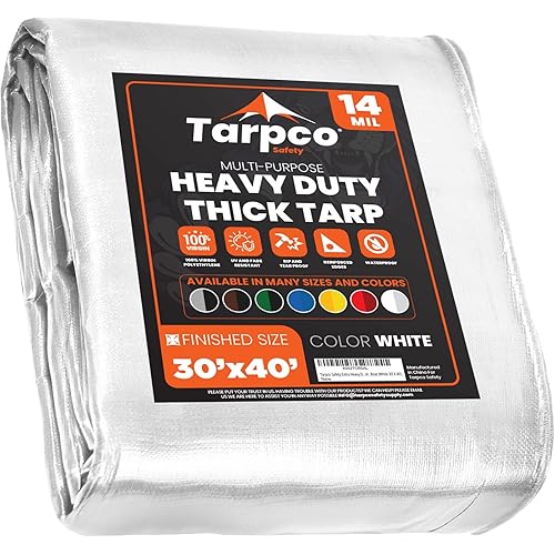 Tarpco Safety Extra Heavy Duty 14 Mil Tarp Cover, Waterproof, UV Resistant, Rip and Tear Proof, Poly Tarpaulin with Reinforced Edges for Roof, Camping, Patio, Pool , Boat (White 30′ X 40′)