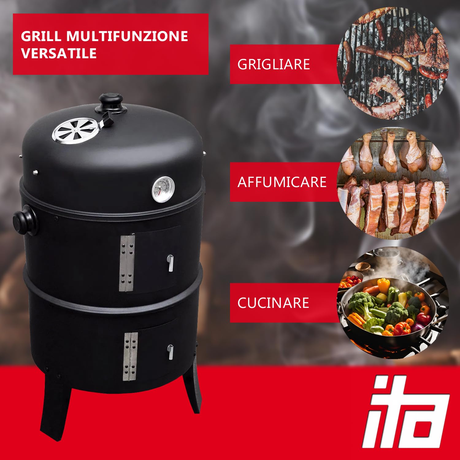ITA Griglia Multifunzione 3 in 1 - Grigliare, Affumicare, Cuocere - Barbecue a Carbone modulare con termometro e Regolazione del Flusso d'Aria sul Coperchio - Griglia a Botte affumicatore
