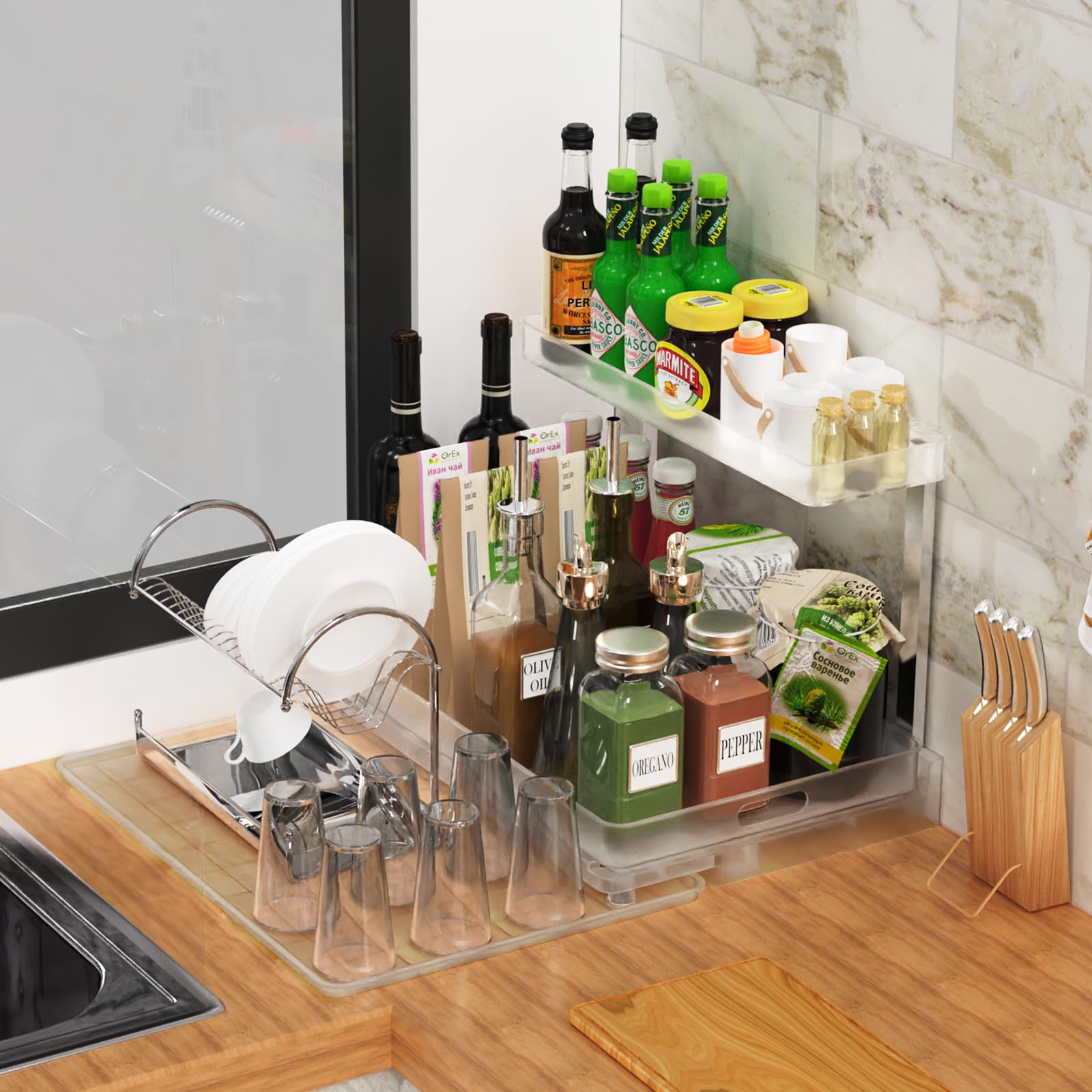 2 Pack Under Sink Organizer with Under Sink Tray, 2 Tier Sliding Bathroom Organizer Under Sink, L-Shape Under Cabinet Basket Organizer, Multi-purpose Pull Out Under Sink Drawers (Clear White)