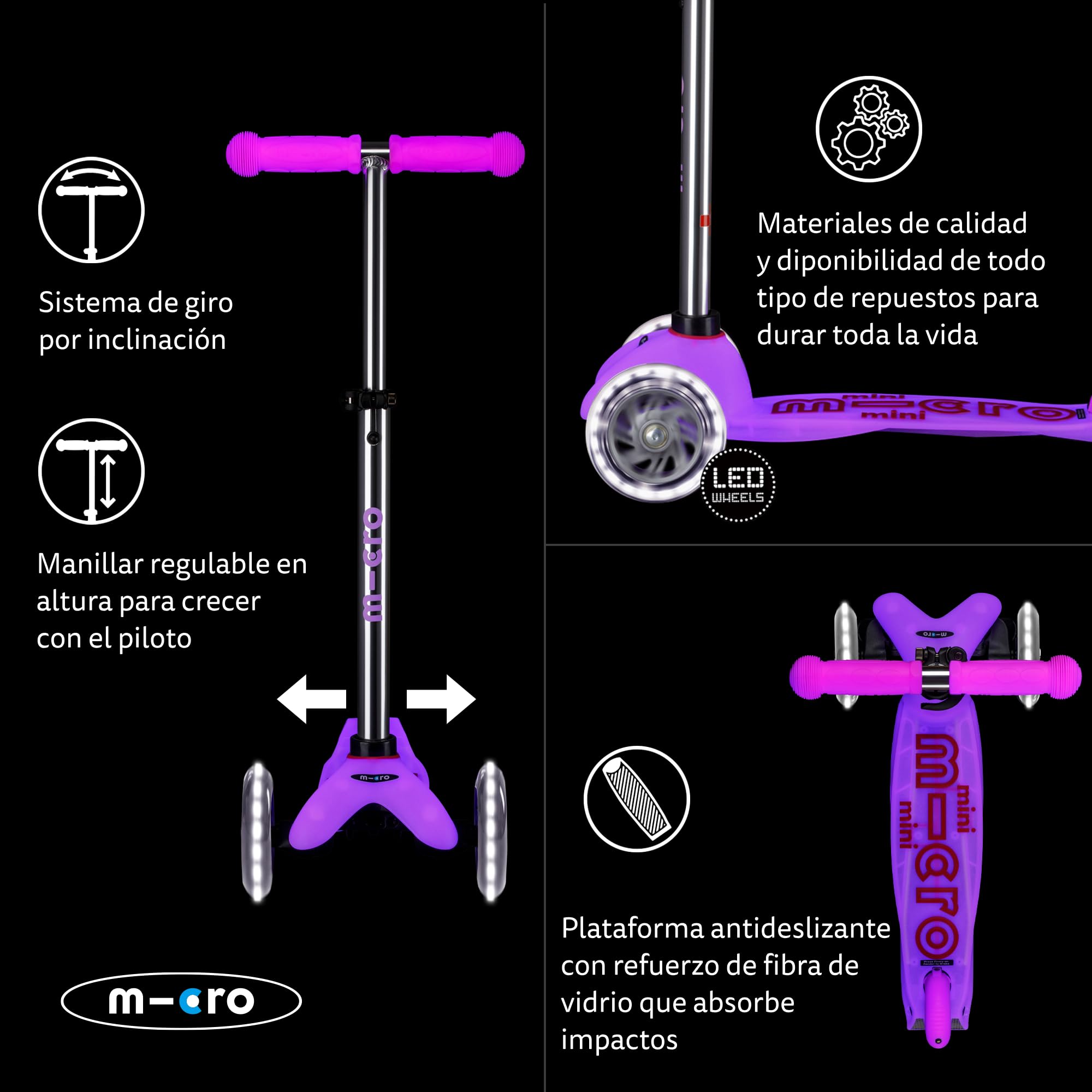 Micro Mini Deluxe Glow LED Patinete 3 Ruedas Niños Niñas Plataforma Brilla Oscuridad Ruedas Luz LED Regulable 2-5 Años