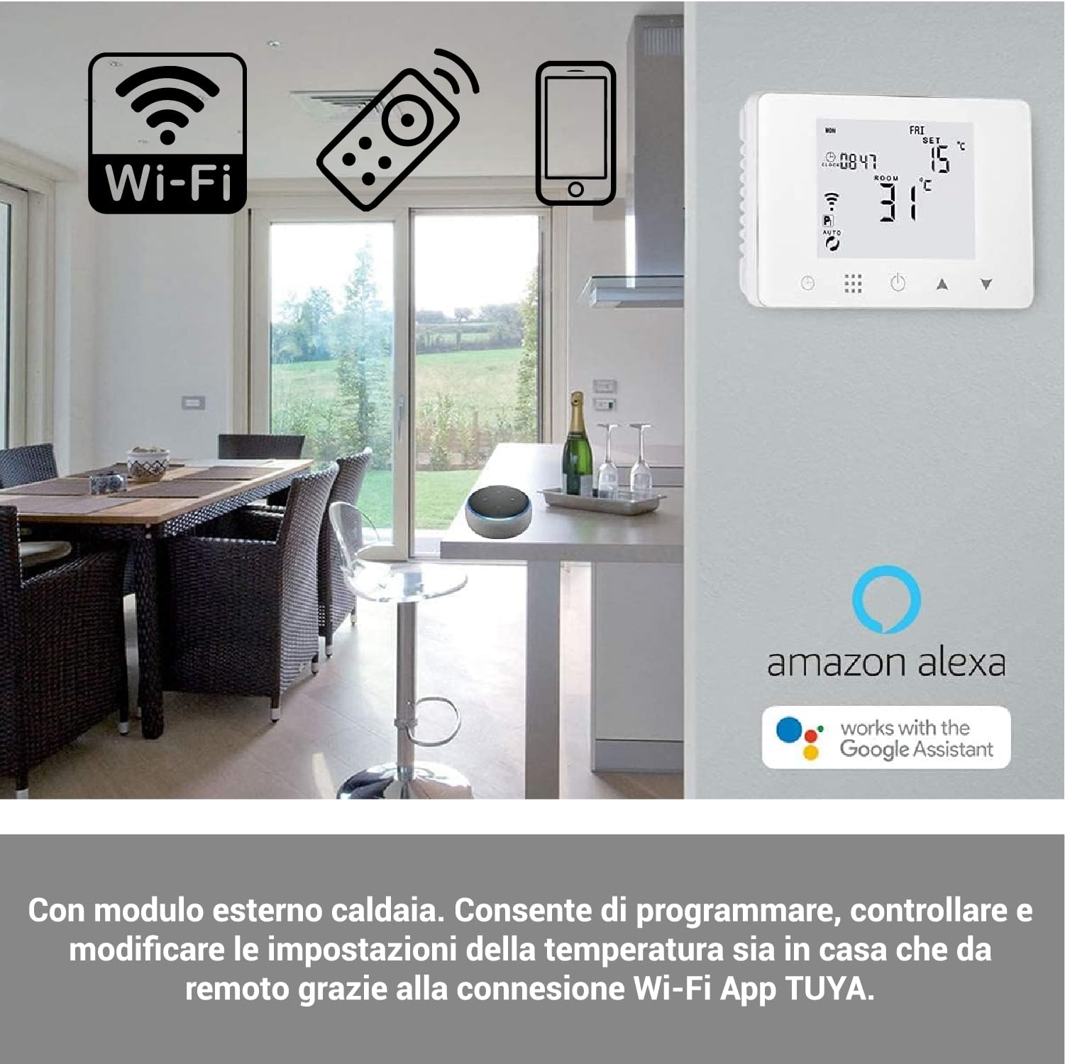 Crisalide ® - Cronotermostato Wi-Fi digital programable con control remoto y compatibilidad inteligente, compatible con Google y Alexa, blanco