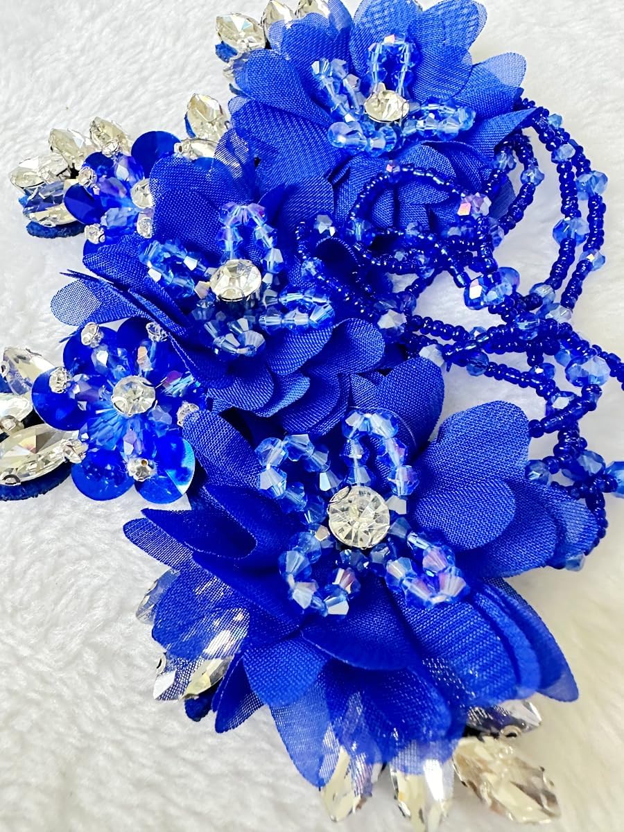 3D Three-Dimensional Flower Rhinestone Applique Sewing Shining Beads Stones Trim Crystal Fringe Patches for Dress Bridal DIY Crafts 2pcs/Set 5.5X6.8inches (Blue)
