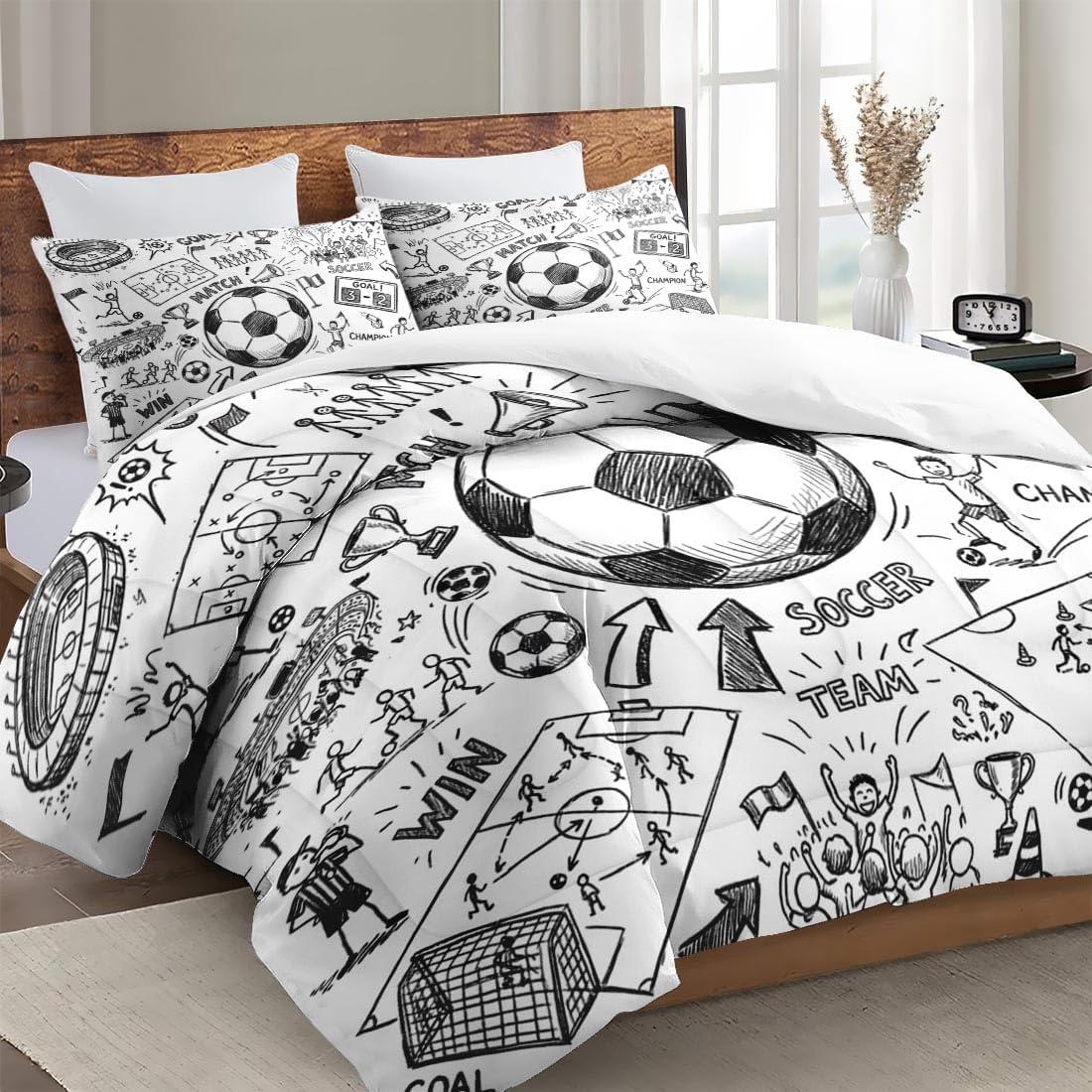 WeCozy Comforter Set Queen Size Comforter Set with 2 Pillowcases, Soccer Game Ball Cup Painting Soft 3 Pcs Bedding for Kids and Adults Bedroom Bed Decor