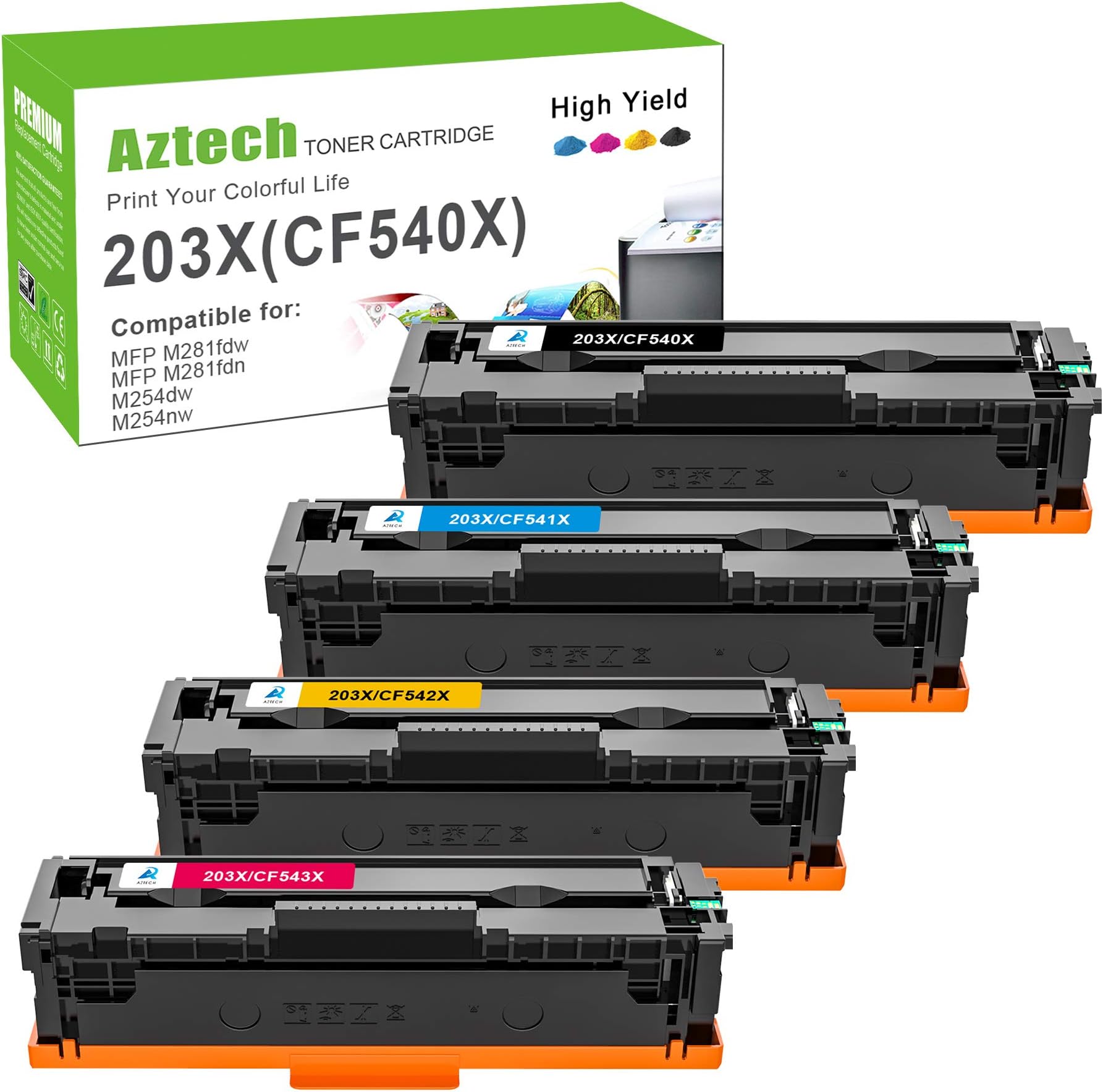 Aztech Compatible 203X 203A Toner Cartridge Replacement for HP CF540X CF540A for HP Color LaserJet Pro MFP M281fdw M254dw M254nw M281fdn M280nw M281cdw M254dn Compatible for HP CF541X CF542X CF543X CF541A CF542A CF543A