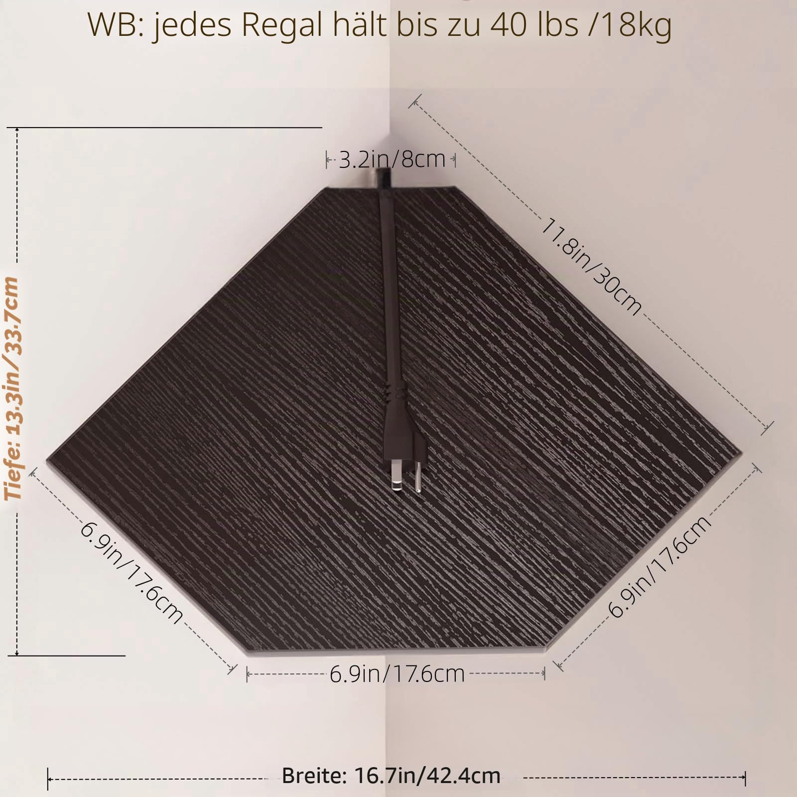 JJL Eckregale, 30 cm Eckregal Wandmontage mit Drahtloch, 4 Etagen 33,7 cm tiefes Holz-Eck-Hängeregal für Wandaufbewahrung, für Lautsprecher, Kabelbox, Schwarz