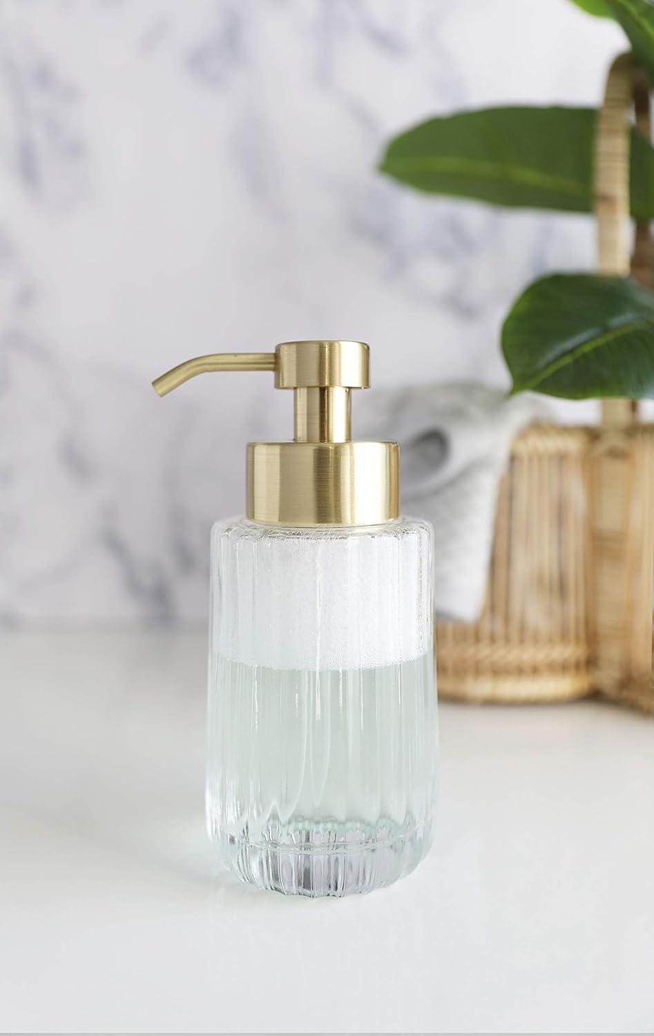 Rail19 Flora Fluted Foaming Soap Dispenser | Vintage-Inspired Modern Glass Refillable Pump Bottle for Bathroom Vanity Countertop and Kitchen, 10oz (Gold)