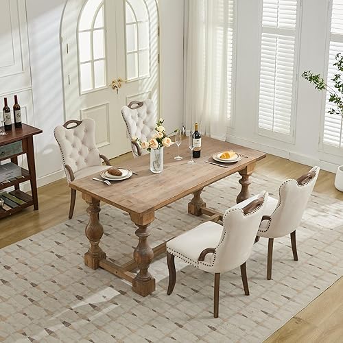Miniatura 2 de Juego de 4 sillas de comedor de terciopelo beige, sillas tapizadas modernas para comedor con respaldo capitoné y acentos de madera, patas curvas de