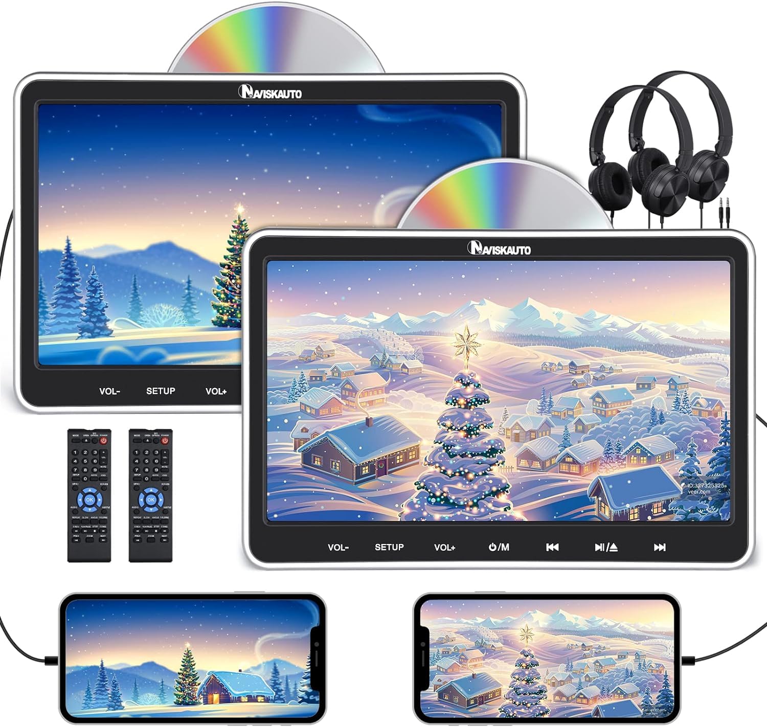 HDMI Input Lecteur DVD Voiture Double Ecran d’Appui tête Slot in Design NAVISKAUTO 10,1 Pouce (2 Lecteurs DVD) pour Enfant Equipé Casque Supporte USB SD Région Libre