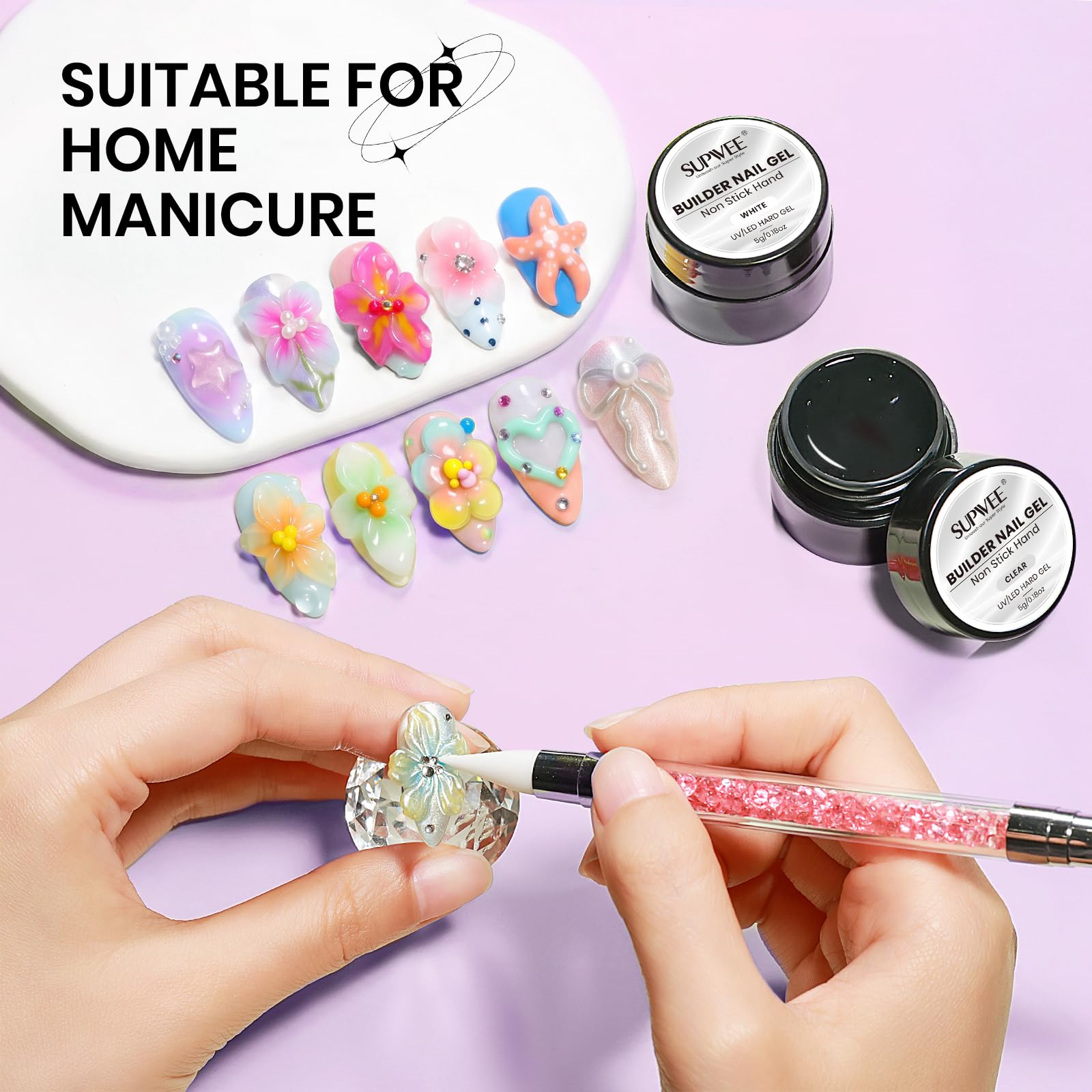SUPWEE Solid Builder żel przezroczysty biały, nieprzywierający żel 3D Nail Extension 5 g | Żel 3D Nail Art z silikonowym pisakiem i kształtem do paznokci, tłoczenie wzorów do manicure domowego DIY