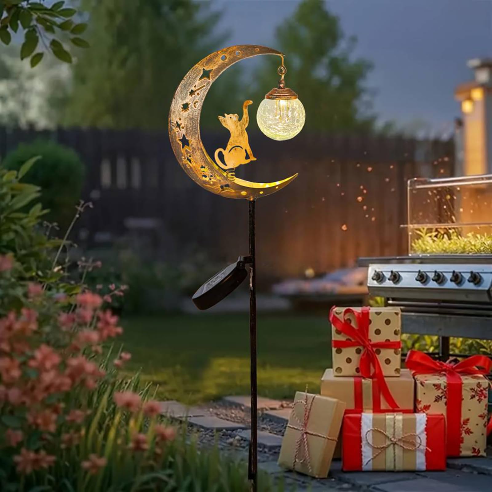 Cat & Hummingbird Moon Solar Garden Lights, Crackle Glass Fairy Metal Garden Stake, Waterproof Warm White LED Lawn Decor for Patio Walkway Backyard Pathway, Unique Gift Idea for Gardeners