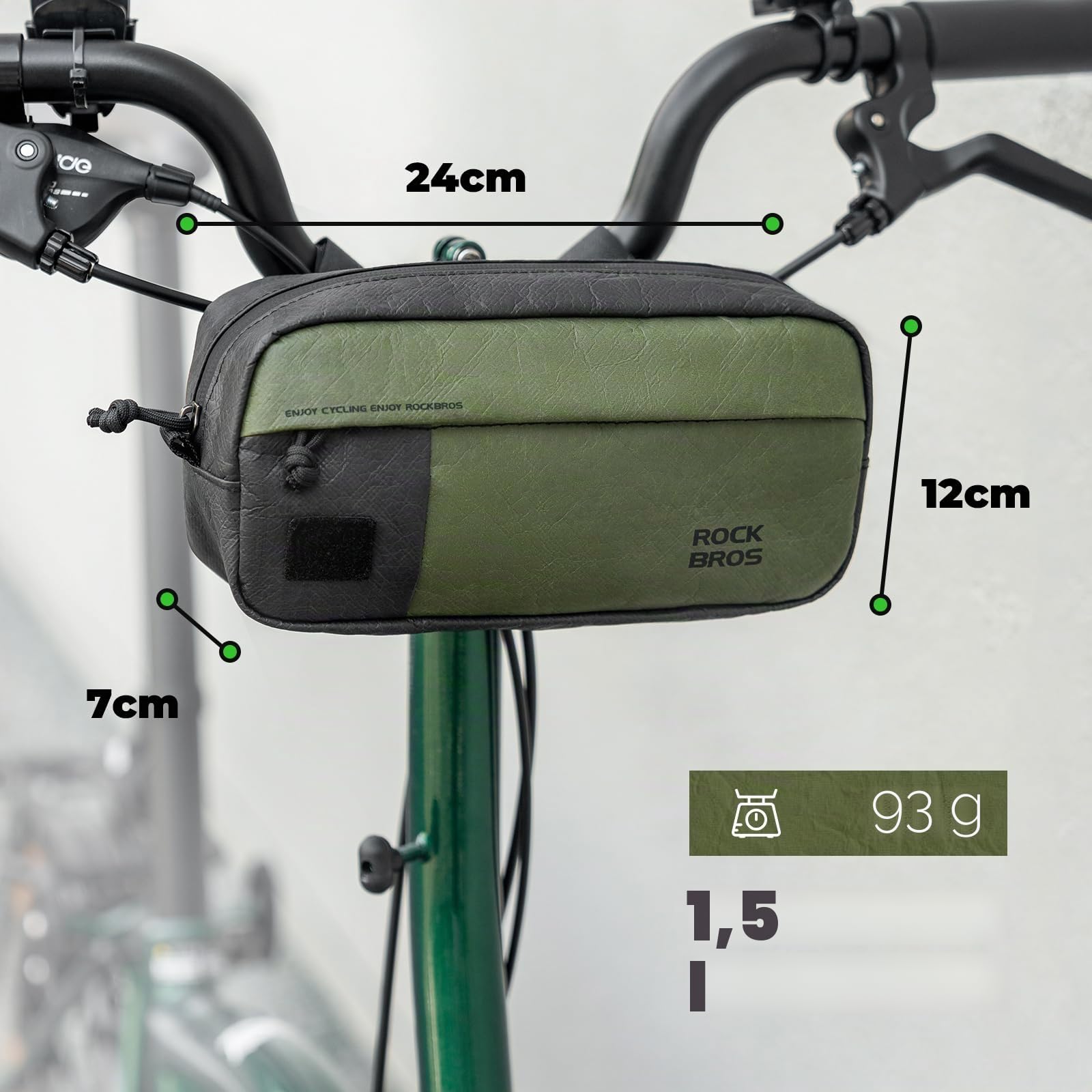 ROCKBROS Borsa Bici Manubrio 2-in-1, 1.5L Idrorepellente Ultraleggera Verde | Tracolla Regolabile Inclusa, Tessuto Resistente All'Acqua, Struttura Leggera, Compatibile con MTB, E-bike e Pieghevoli