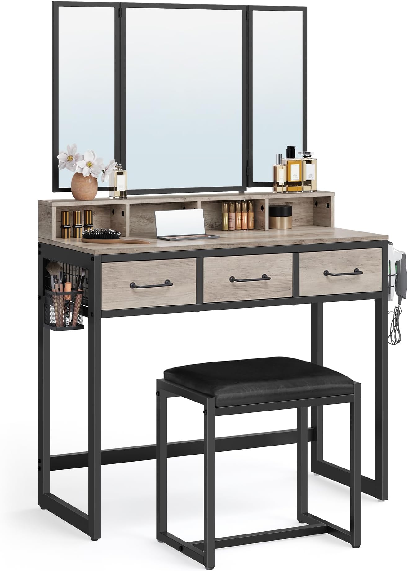 VASAGLE Dressing Table with 3-Piece Folding Mirror, Hair Dryer Holder, Cosmetic Table with Padded Stool, 3 Drawers, Industrial Design, Greige and Black RVT004B02