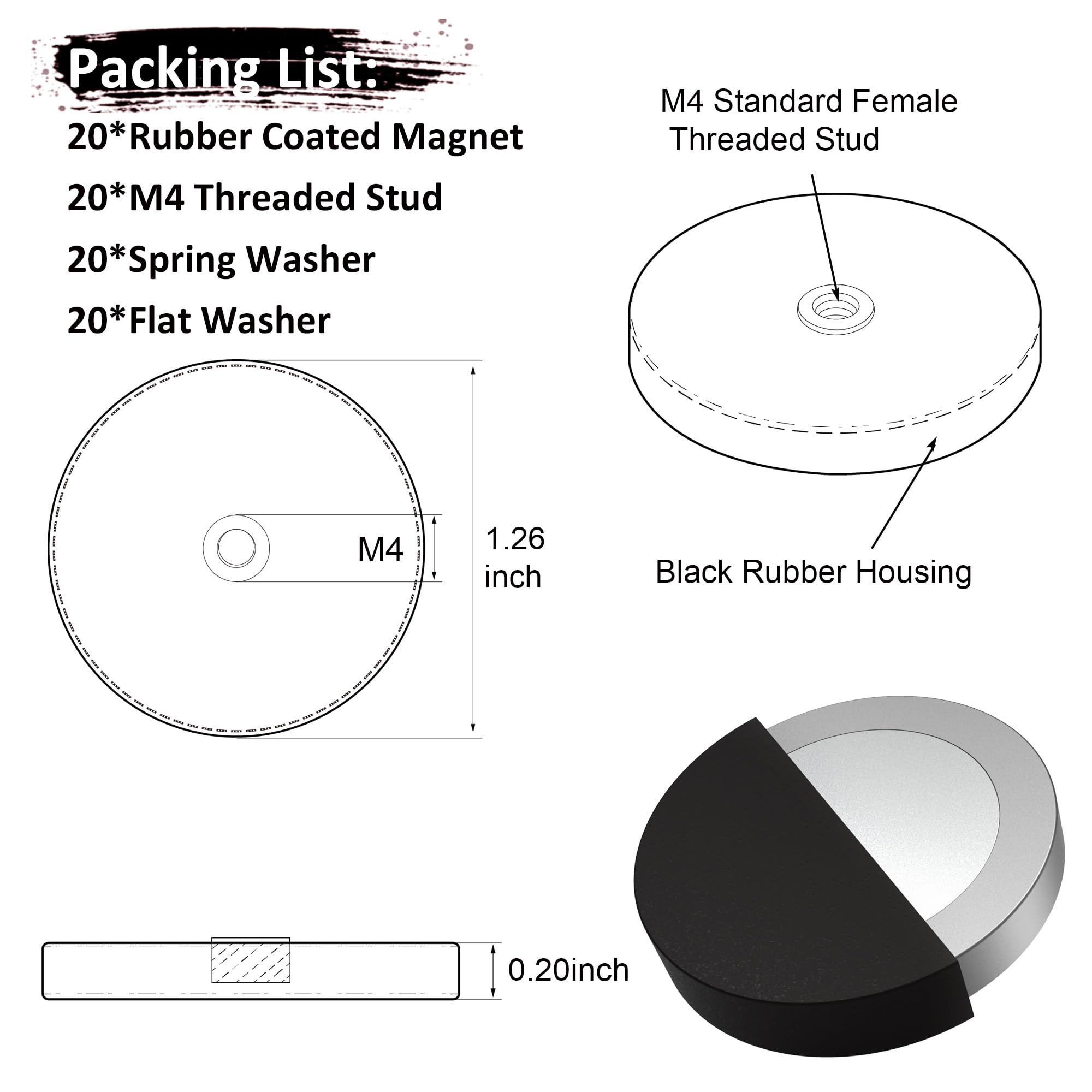 ULIBERMAGNET 20Pack Rubber Coated Magnet,Strong Neodymium Magnet Base with M4 Female Thread,Strong Magnetic Mounting for Lighting,Tools and equipement — Amazon image 3