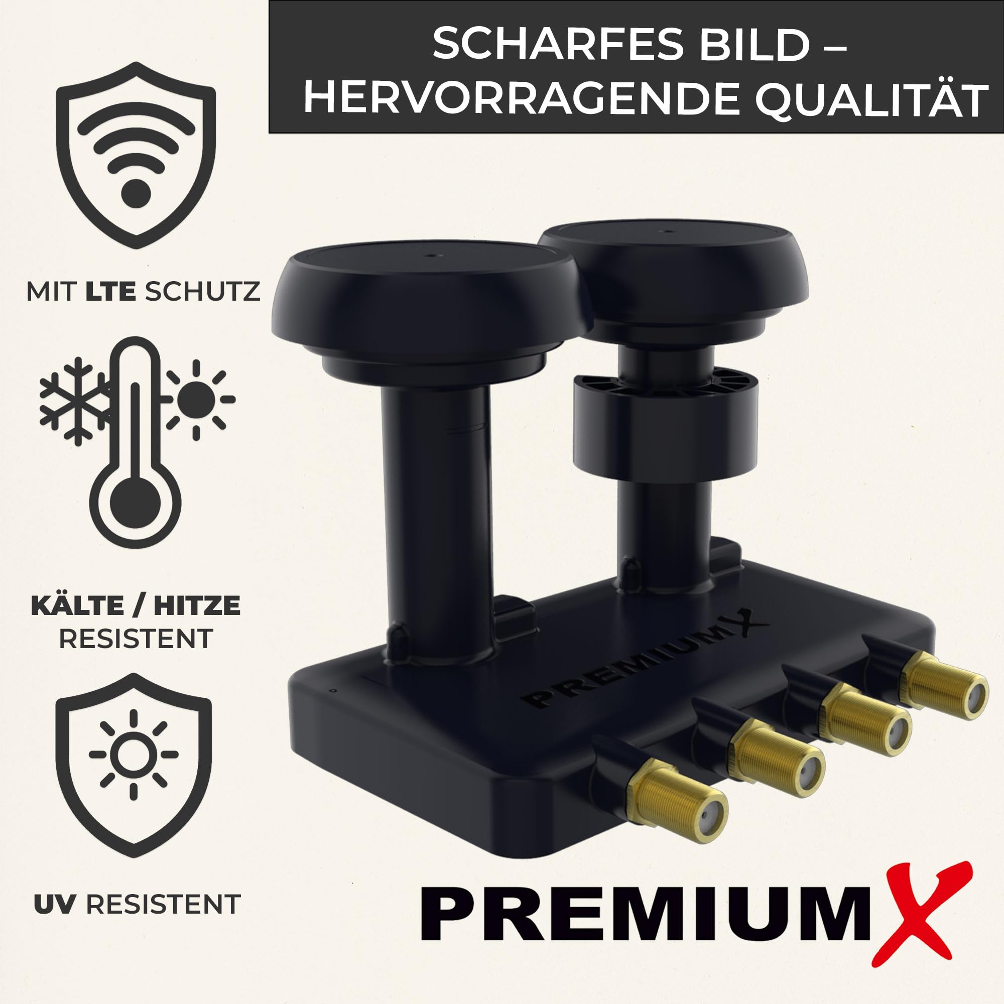 Premium X Quad LNB monobloc - 4 voies - pour 4 participants - 4K Full HD - Avec protection contre les intempéries pour antenne satellite Astra 19,2° Hotbird 13° - Récepteur TV numérique - Noir