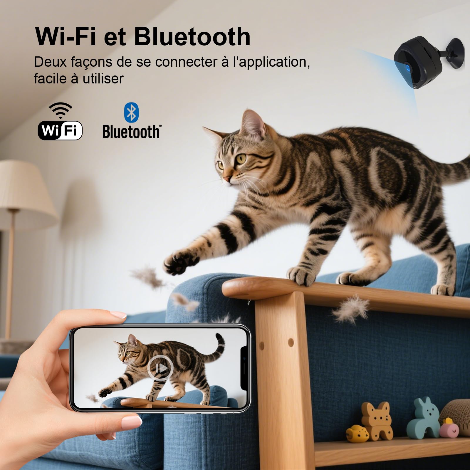 AOBOCAM Camera Espion, Mini Caméra de Surveillance WiFi HD Intérieur/Extérieur, Micro Caméra Bluetooth avec Vision Nocturne, Détection de Mouvement, Enregistrement à Distance
