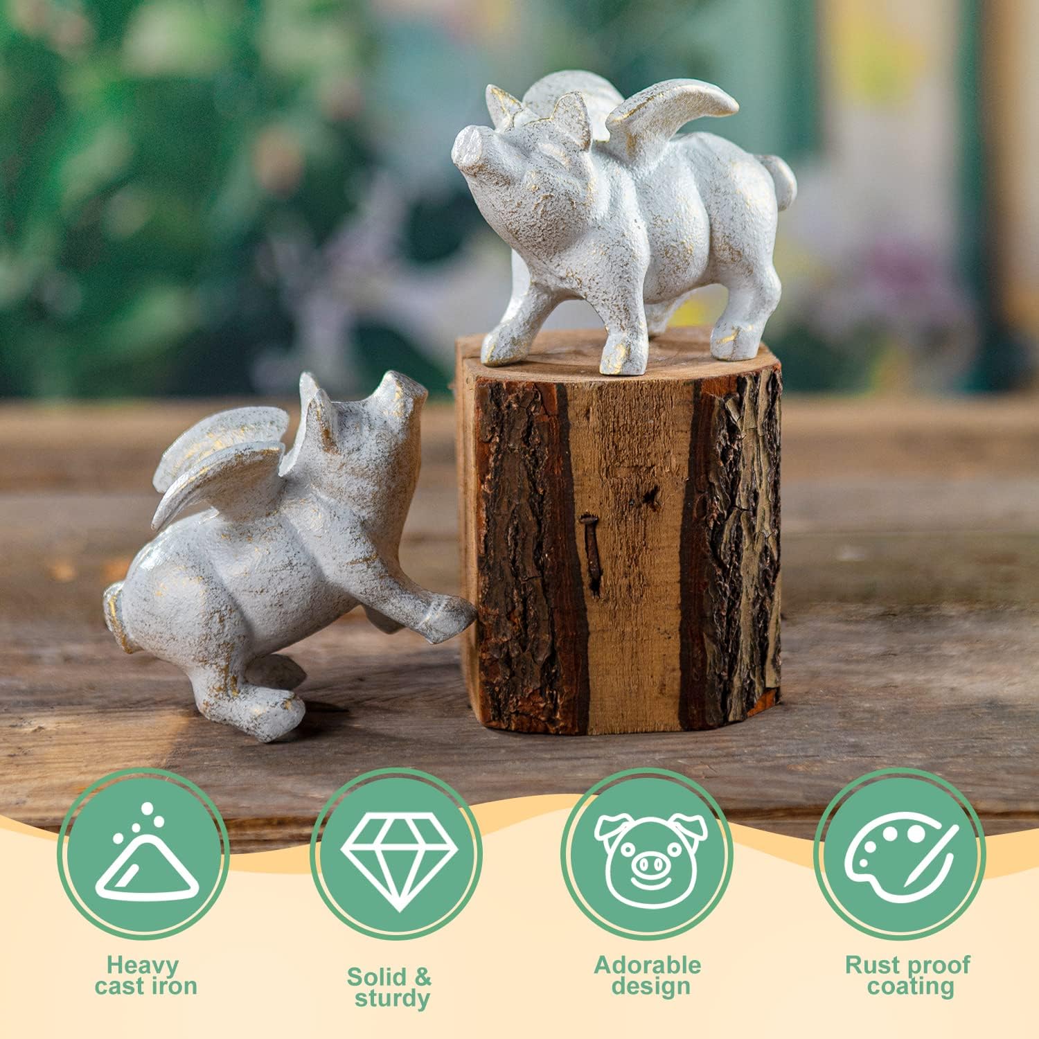 Sungmor 2PC Small Hog Heaven Flying Pig Statues, Cast Iron Animal Angel Figurine, Garden Patio Yard Outdoor Decorative Statues, Home Office Store Desktop Paperweight, Indoor Shelf Display Ornaments