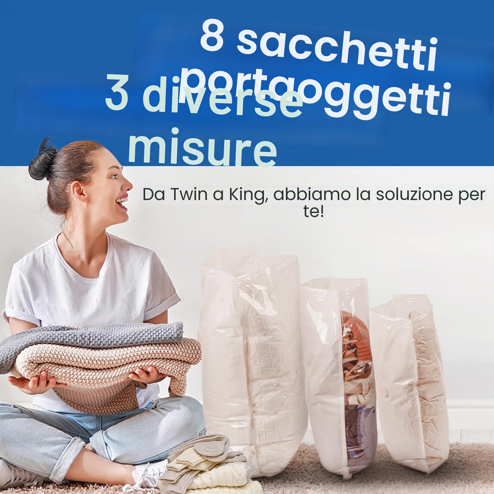 Sacchetti Sottovuoto Vestiti con Pompa Elettrica, Confezione da 8 (4 grandi, 2 medi, 2 piccoli), Buste Sottovuoto Vestiti per Coperte, Piumino, Cuscini, Trapunte, Viaggi, Traslochi