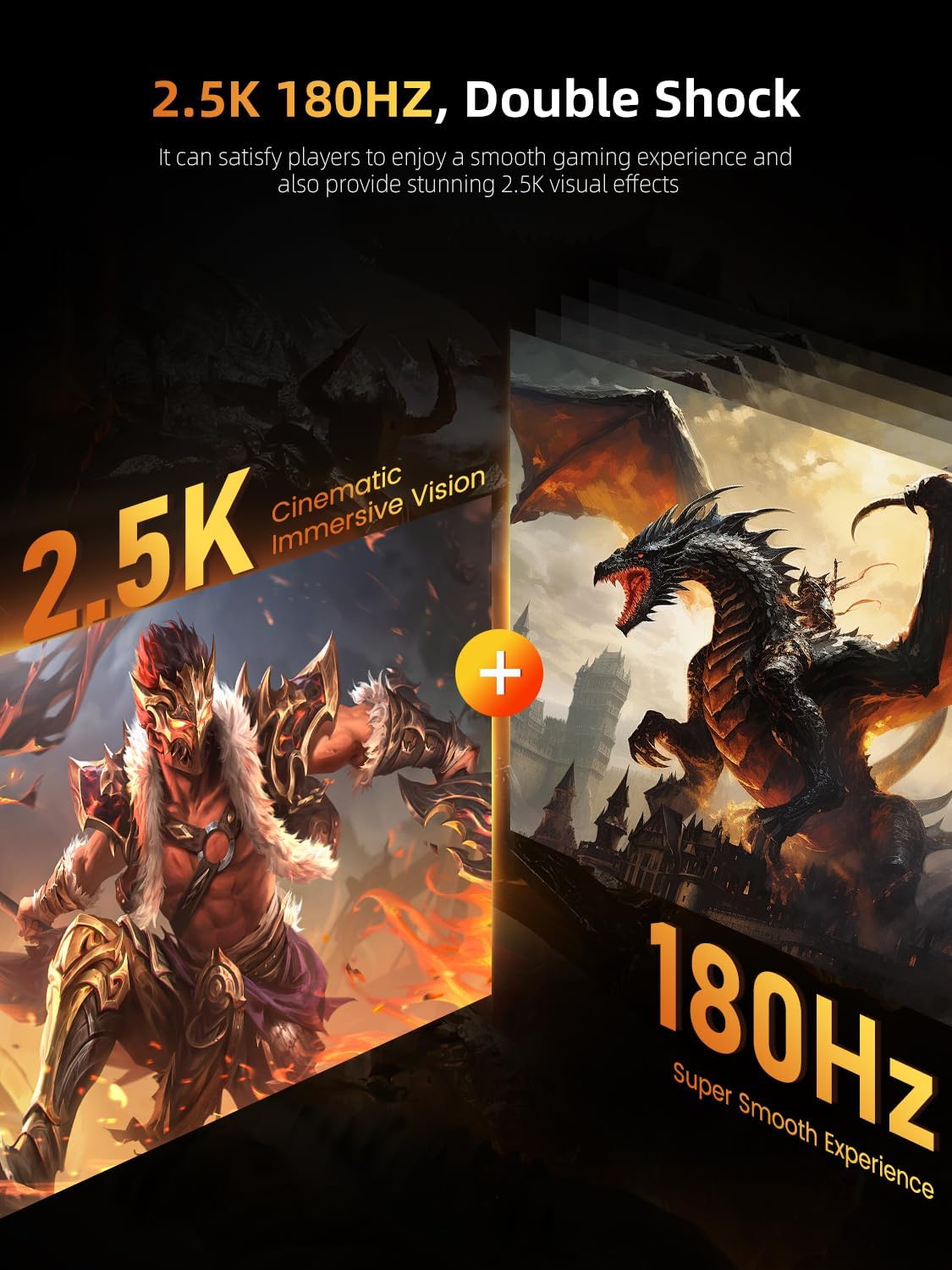 Graphic illustrating 2.5K resolution for cinematic vision and 180Hz for a super smooth experience, with two fantasy characters representing gaming visuals.