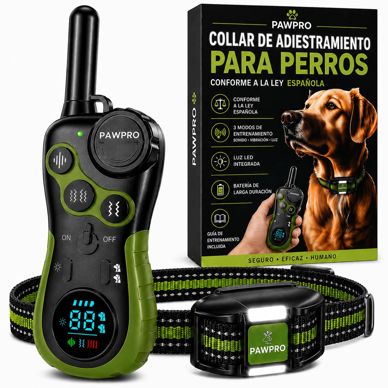 PAWPRO Training Collar, According to New Spanish Animal Welfare Law, XXL Range 3 km, Night Light Mode, BIP Vibration Boost, Suitable for All Dogs, Water Resistant (1 Collar)