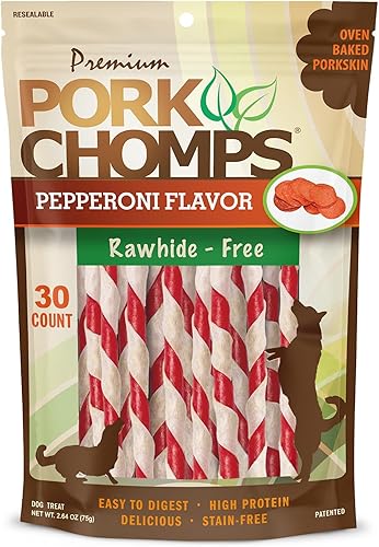 Pork Chomps Masticables de piel de cerdo horneada para perros, mini giros de 5 pulgadas, envoltura con sabor a pepperoni, 30 unidades