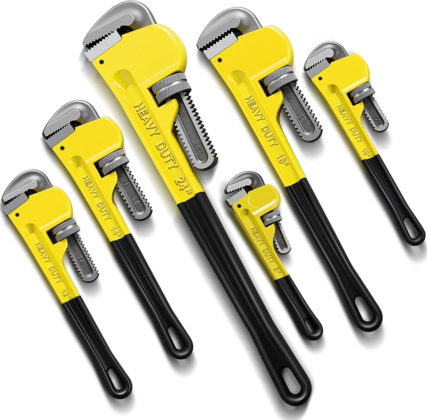 6 Piece Heavy Duty Pipe Wrench Set - 8", 10", 12", 14", 18", 24", Adjustable Chrome Vanadium Steel Plumbing Wrench Set with Soft Handle & Gloves for Plumbers, Pipeline, Auto Repair (Yellow)