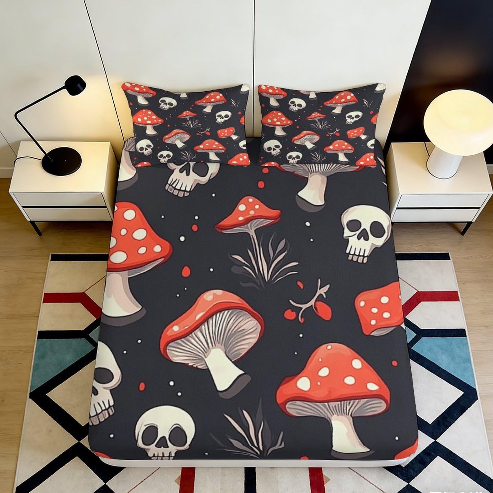 Jqzkxnhpbr Style-6 3D Printed Red Mushroom Fitted Sheet Microfiber Soft Black Skull Bed Cover For Bedroom Dorm Mattress Decor 90X200x25cm