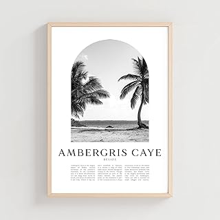 Ambergris Caye Travel Poster Print – Minimalist Black & White Belize Beach Wall Art, Framed Coastal Decor for Living Room, Office, Gift