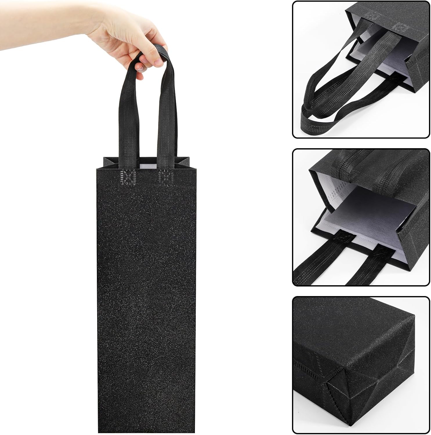 Peohud 50 Pack Black Wine Gift Bags Bulk, 14.1x5.3x3.9 Inches Reusable Non Woven Wine Bottle Tote Bags with Handles for Champagne, Liquor, Wedding, Party, Shopping, Retail Merchandise - Image 3