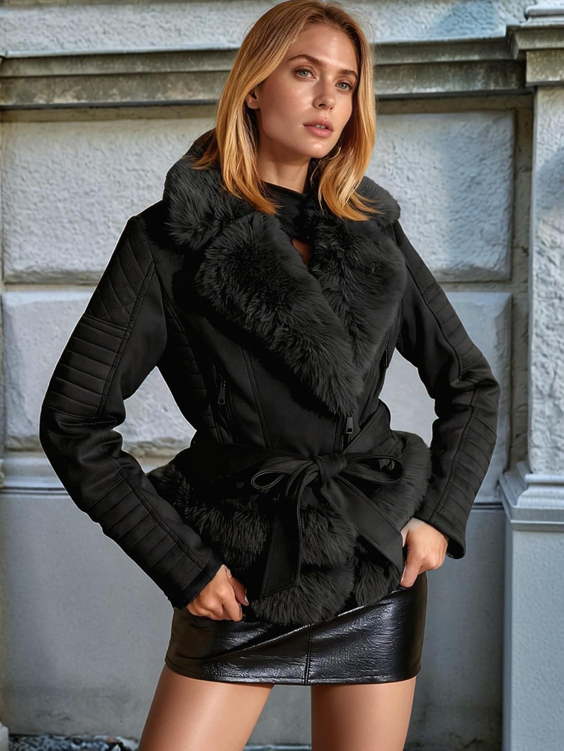 Women's Faux Leather Jacket Spring Motor Biker Clothes Outfits Sherpa-Lined Coat with Removable Fur Collar