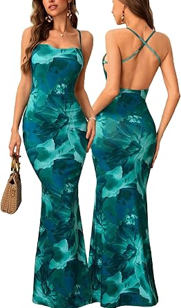 Narecte Summer Maxi Dress for Women Floral Bodycon Long Dress, Spaghetti Strap Backless Beach Vacation Sexy Dresses