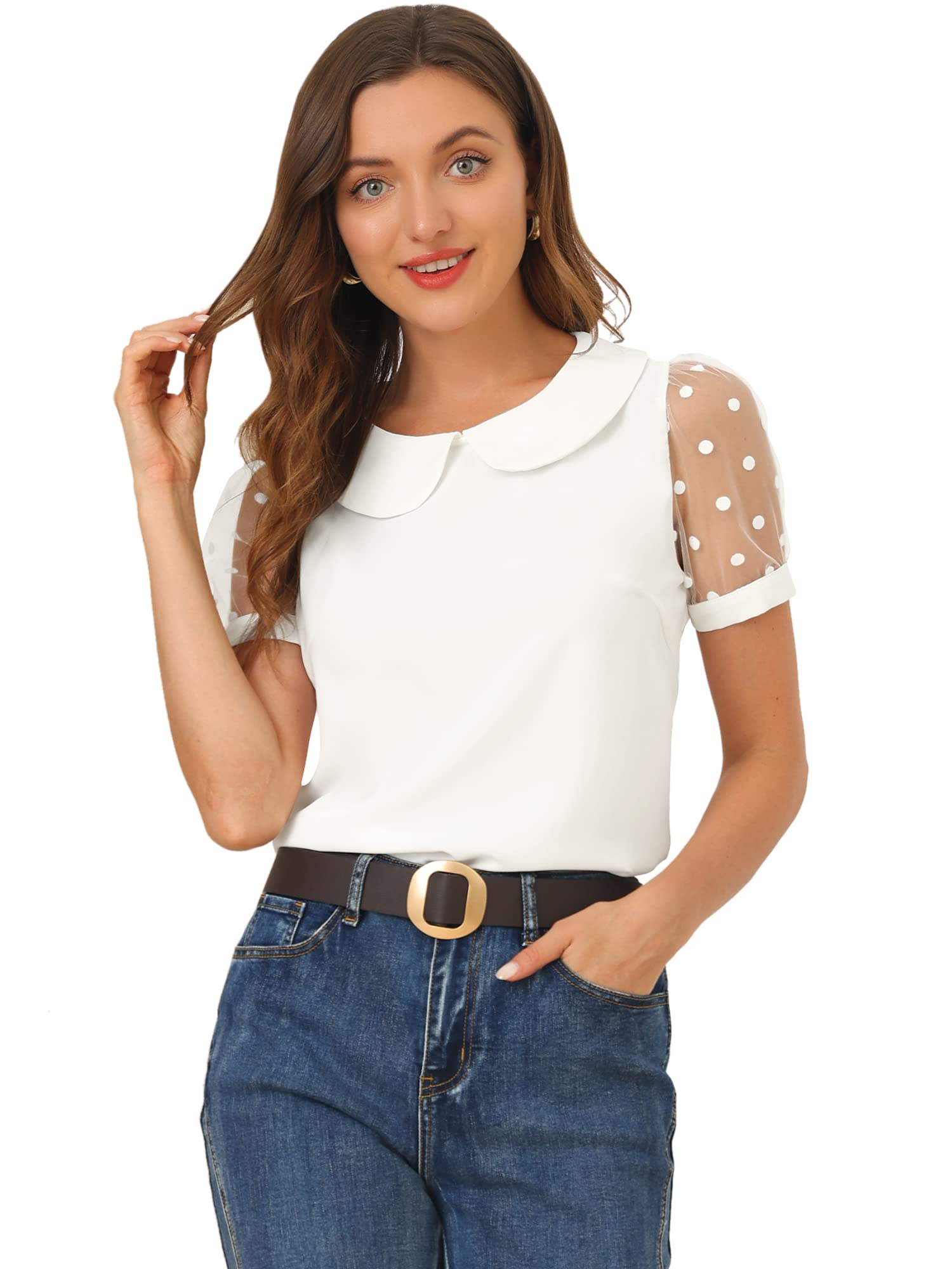 Allegra K Damen Puffärmel Vintage Bubikragen Oberteil Mesh Polka Punkte Top Bluse