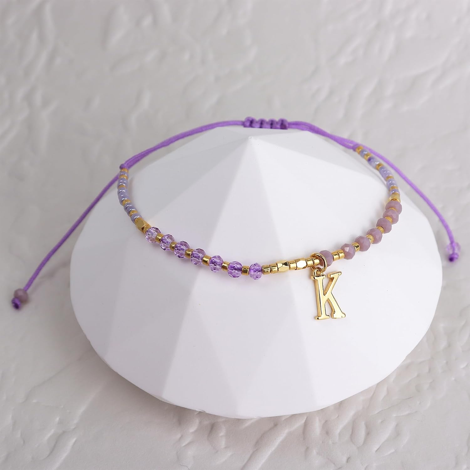 Purple Gold Beaded Natural Stone Initial Bracelets for Women, Boho Handmade Personalized Gemstone Beads Letter Name Braided Rope Adjustable Bracelet Bohemian Jewelry Gift - Image 6