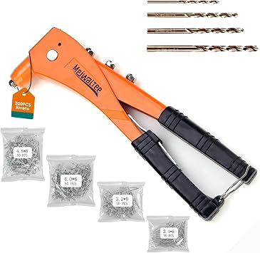 Rivet Gun with 200PCS Rivets and 4 Drill Bits, Professional Aluminum Alloy Riveter, Heavy Duty Pop Manual Riveting Tool with 4 Interchangeable Heads for Metal, Wood and Plastic
