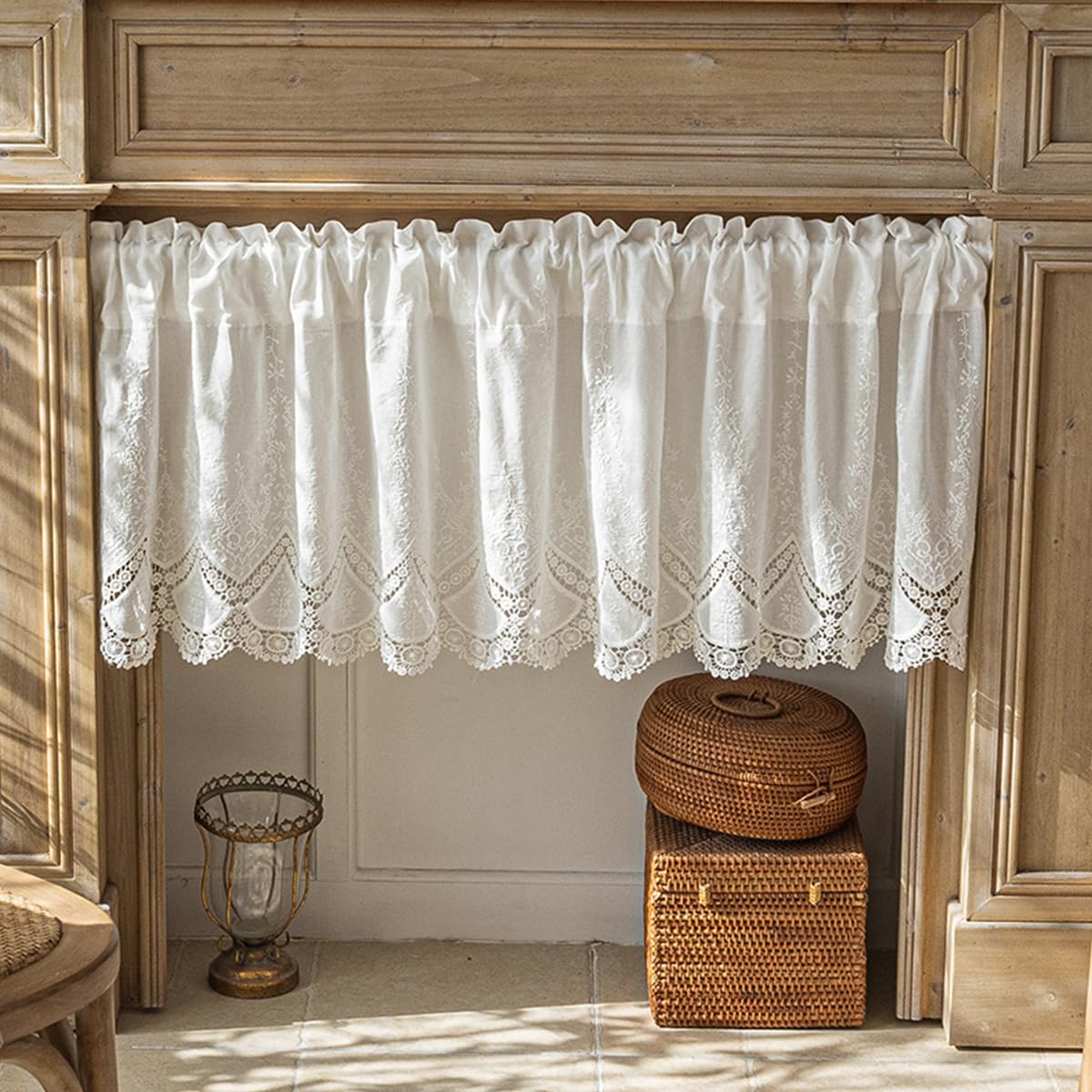 Brise-bise en Dentelle Blanche Style Campagne – Rideau Court pour Cuisine, Salle de Bain ou Salon,150cmWx40cmH