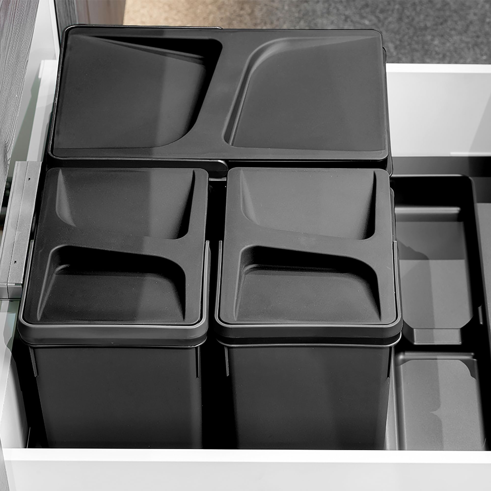 Emuca - Contenitori per la raccolta differenziata per cassetti da cucina, H 266 mm (2 x 15 L + 2 x 7 L), Plastica nera