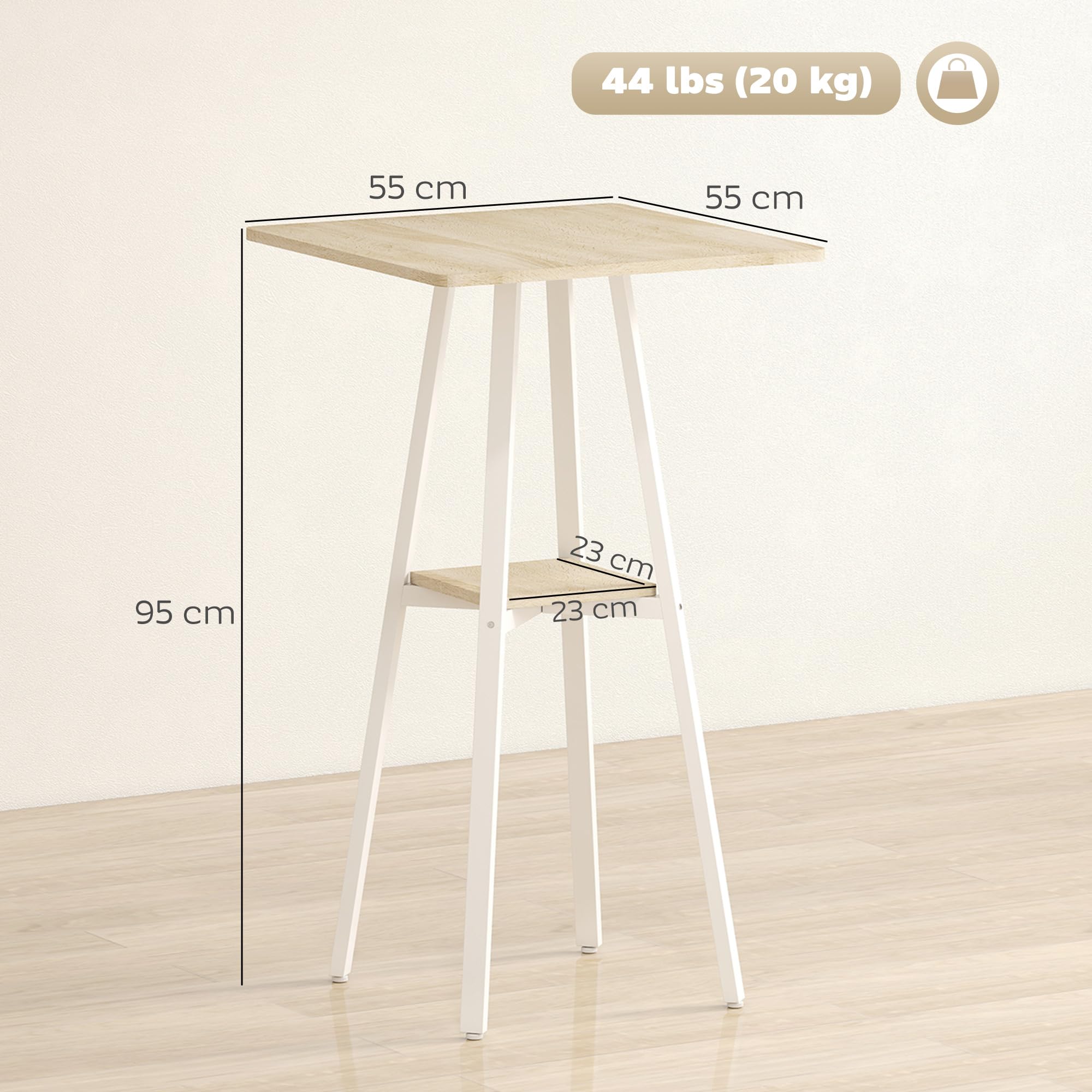 HOMCOM Mesa Alta Cocina Cuadrada con Estante de Almacenamiento, Mesa Alta Bar Moderna para 2 Personas con Marco de Metal para Salón y Comedor, 55x55x95 cm, Madera Natural y Blanco