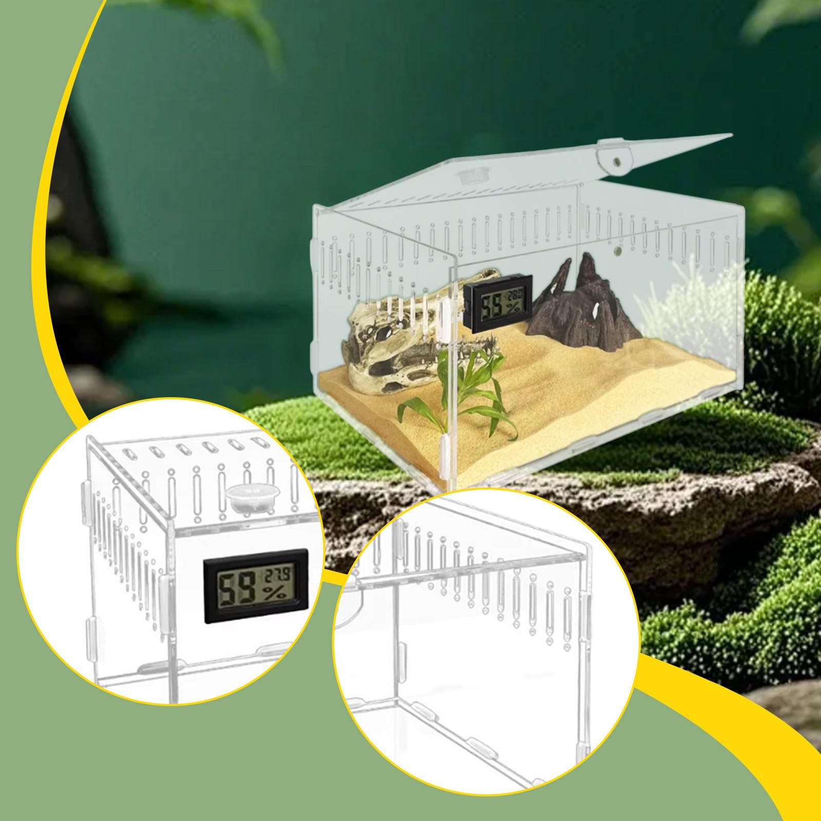 Terrario Acrílico para Reptiles, Contenedor Portátil, Hábitat para Anfibios como Serpientes Y Jerbos, L Size Single Grid