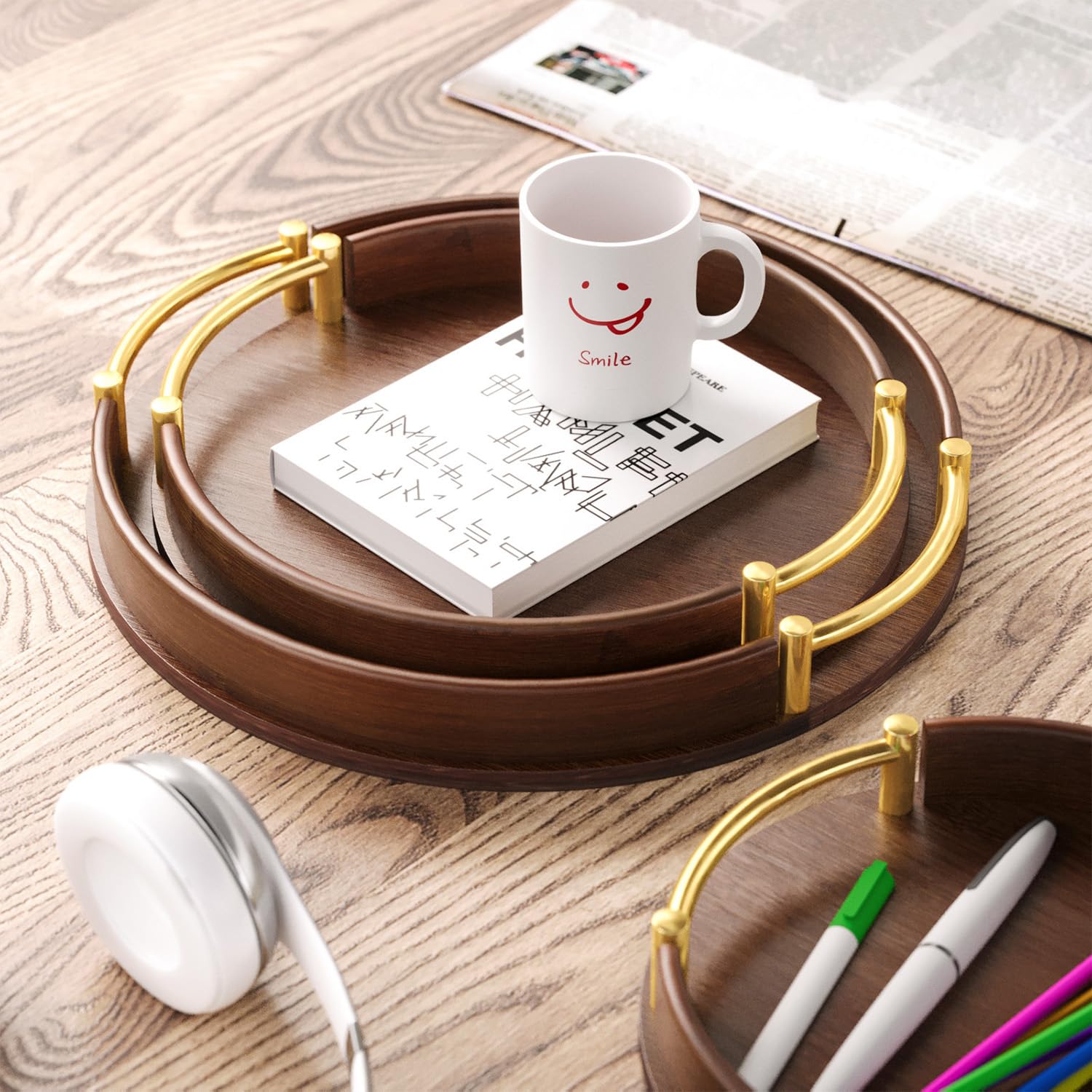 Bandeja de bambú para servir – Plato de cocina redondo con asas de plástico para desayuno, té, café y pan – 25 x 25 cm