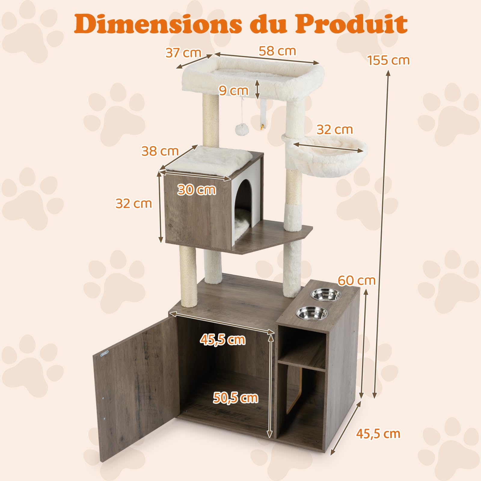 COSTWAY Arbre a Chat avec Litiere Intégrée, Tapis et Poteau à Griffer en Sisal, Plateforme, Panier, Condo, Arbre à Chat XXL, 2 Gamelles, Coussin Amovible, Pompon, Patins Réglables (155 cm,Gris)