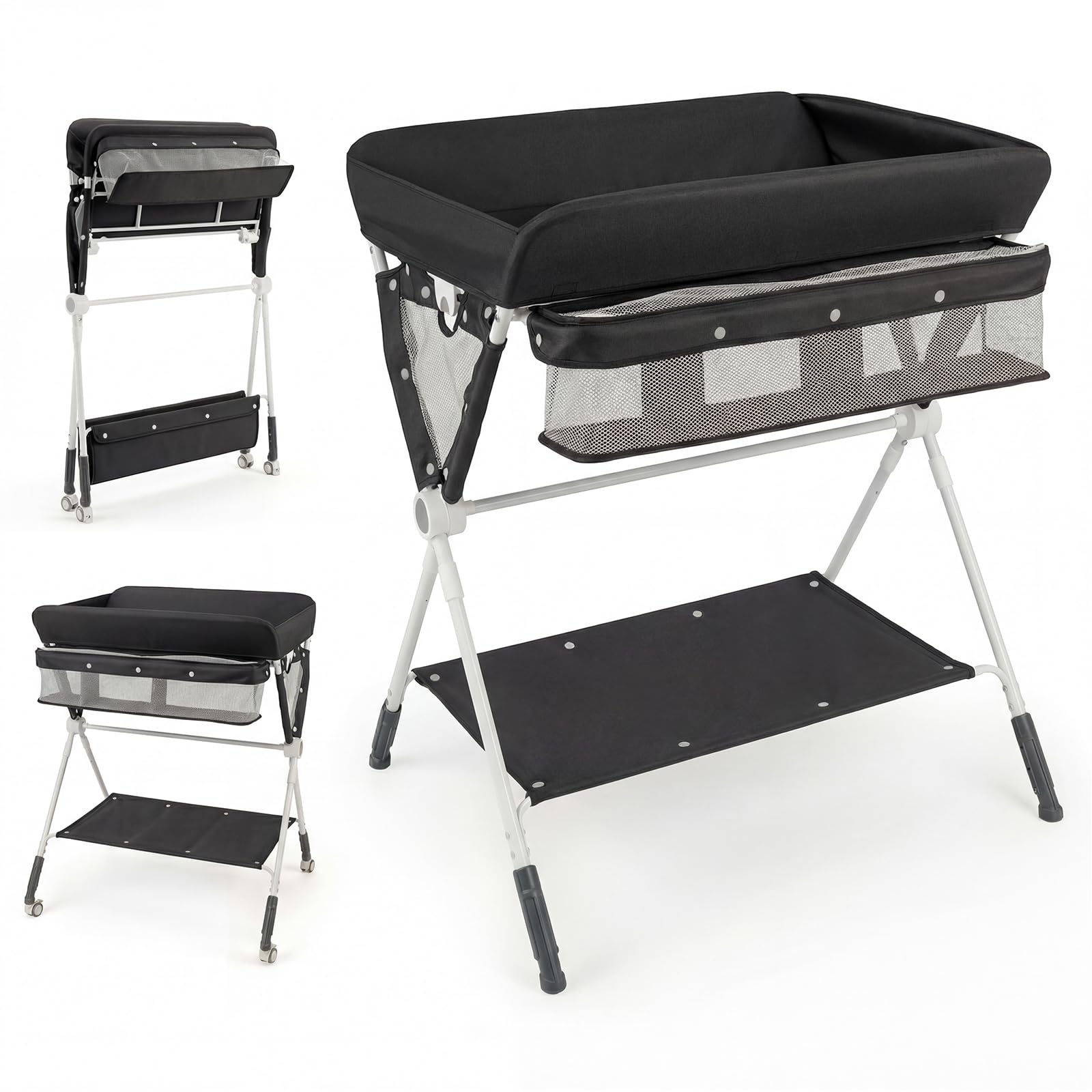 COSTWAY Table à Langer Pliante pour Bébé, Table à Langer Portable Réglable en Hauteur sur 3 Niveaux avec Roulettes Étagère et Panier, Station Organiseur Mobile pour Nouveau-nés (Noir)
