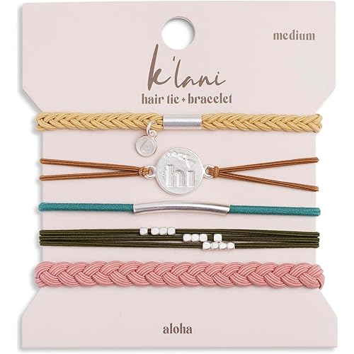 K'lani Aloha Bracelets for Women – Elastic Bracelets and Boho Hair Ties – Cute Hair Ties for Women and Hair Tie Accessories – Stylish Bracelets Boho Style for Hair and Wrist – Set of 5 (Large)