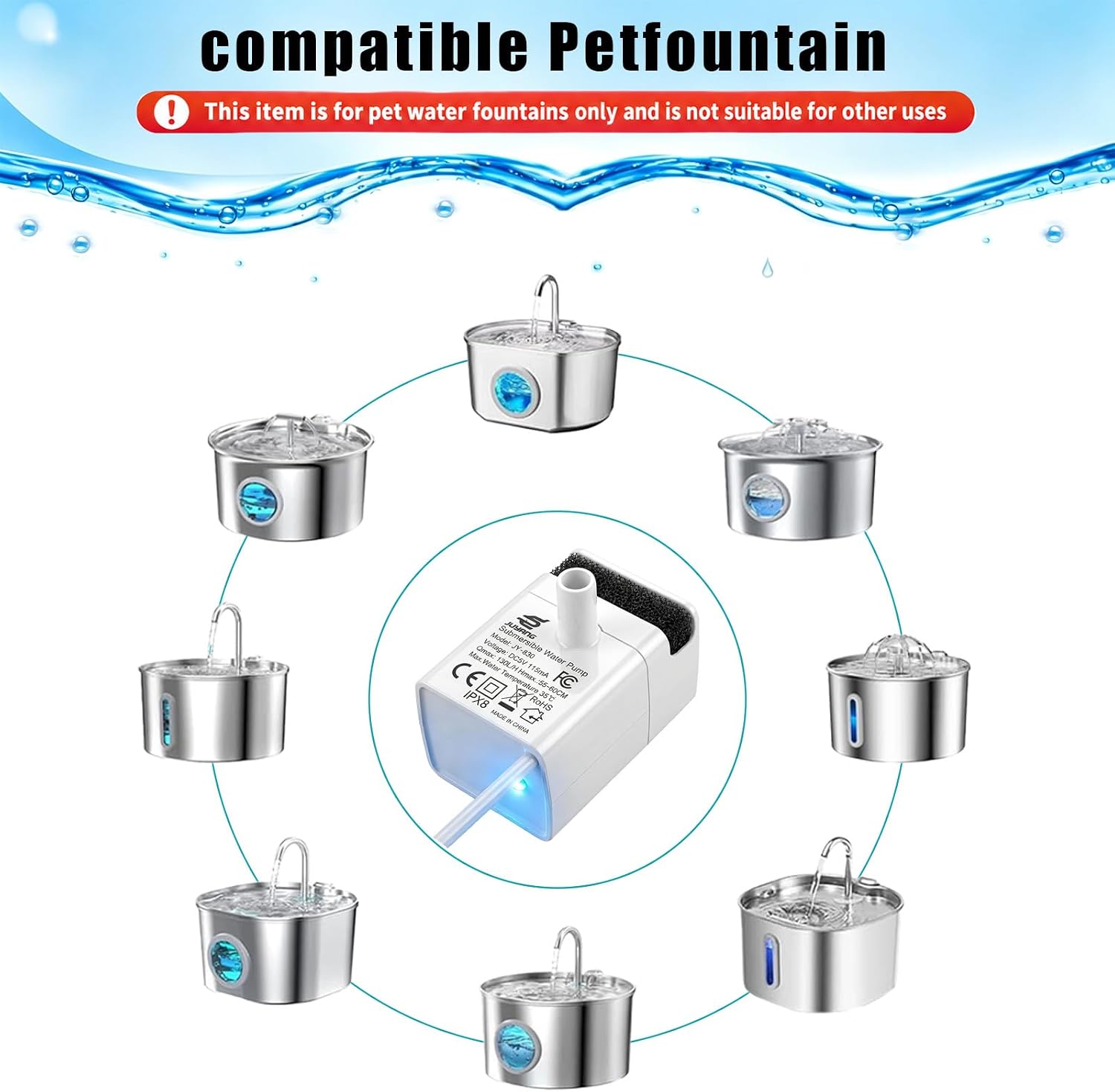 Cat Water Fountain Pump Replacement JY-830 Submersible Motor With Adapter