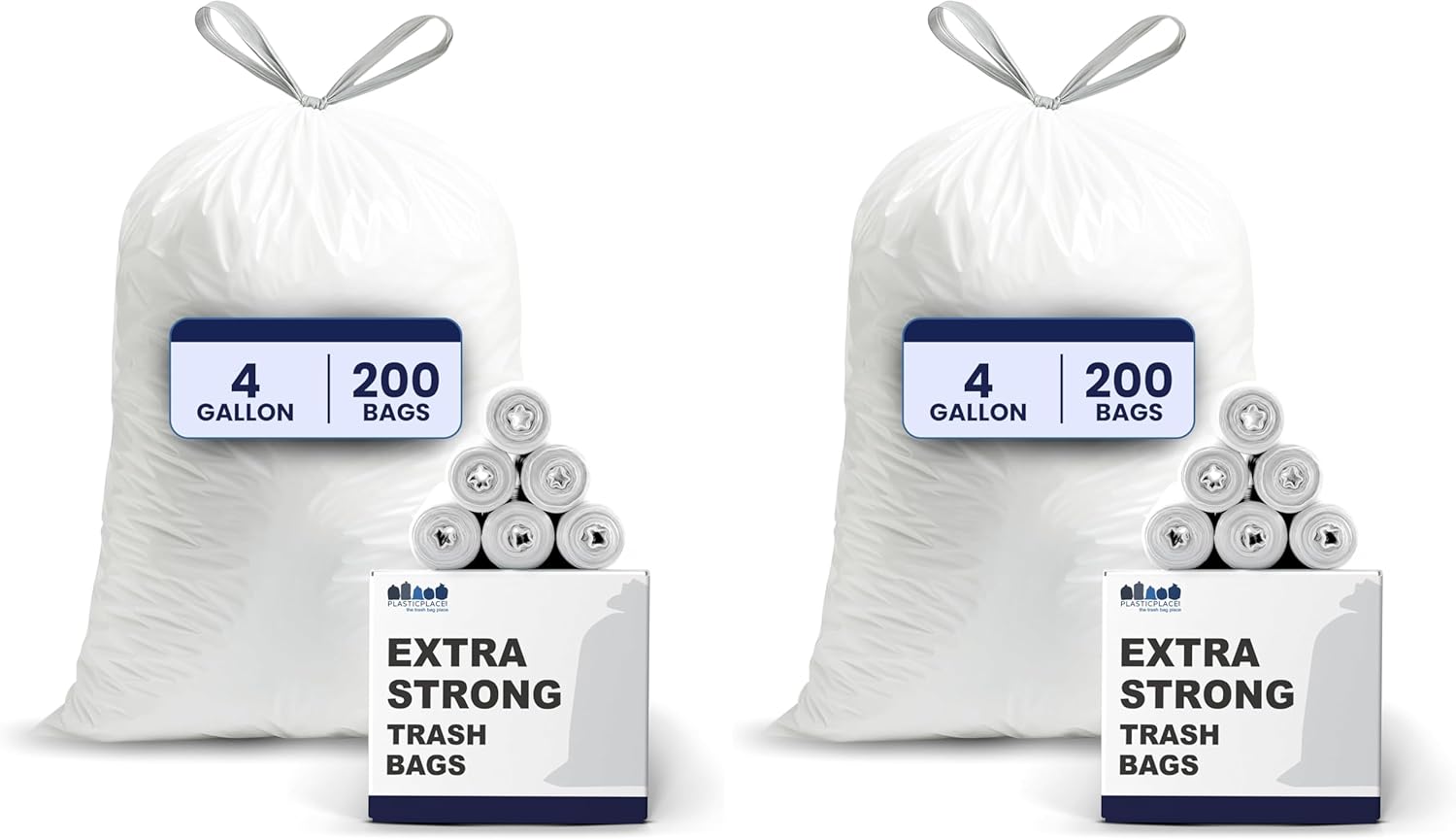 Plasticplace 4 Gallon White Drawstring Trash Bags,– 0.7 Mil Leak-Proof Garbage Liners for Small Trash Can,Bathroom,Kitchen,Office,and Car Use,200 Count (Pack of 2)