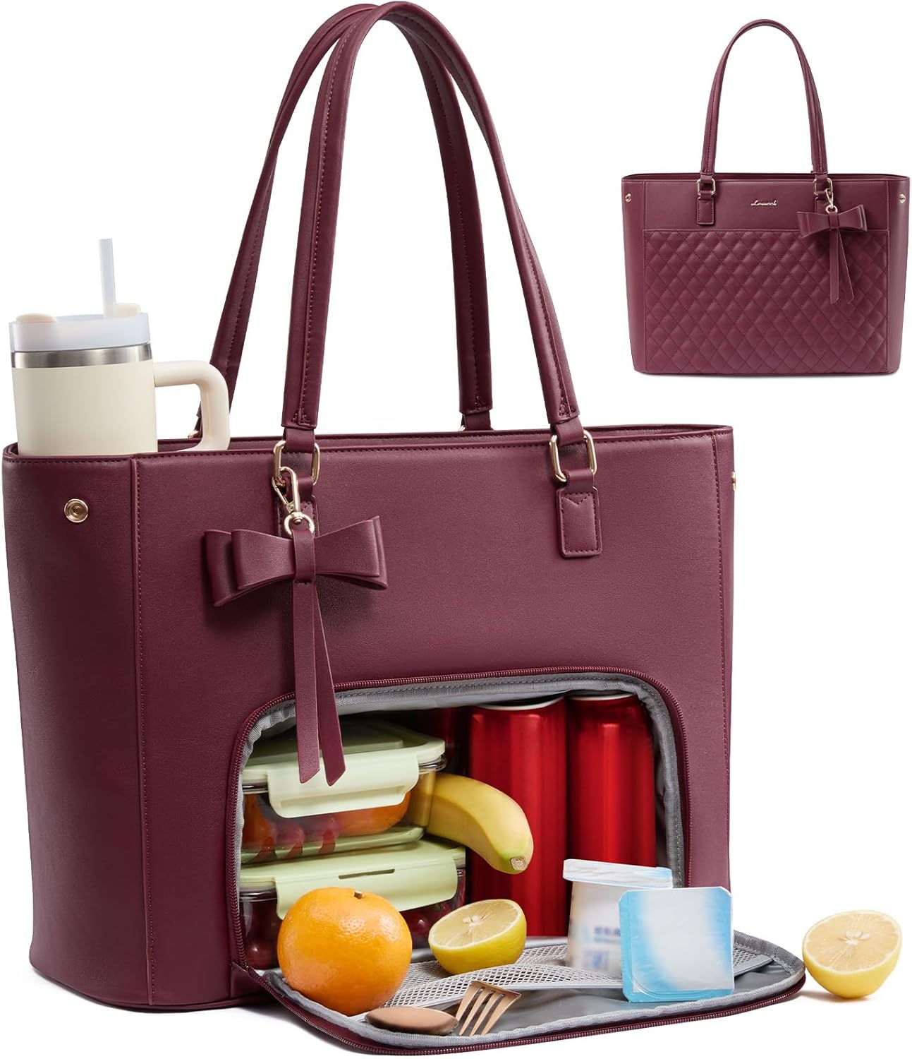 LOVEVOOK Work Tote Bag with Lunch Compartment, 3 in 1 Laptop Tote Bag for Women with Giant Tumbler Holder for Teacher, Nurse, Travel, Office, Daily