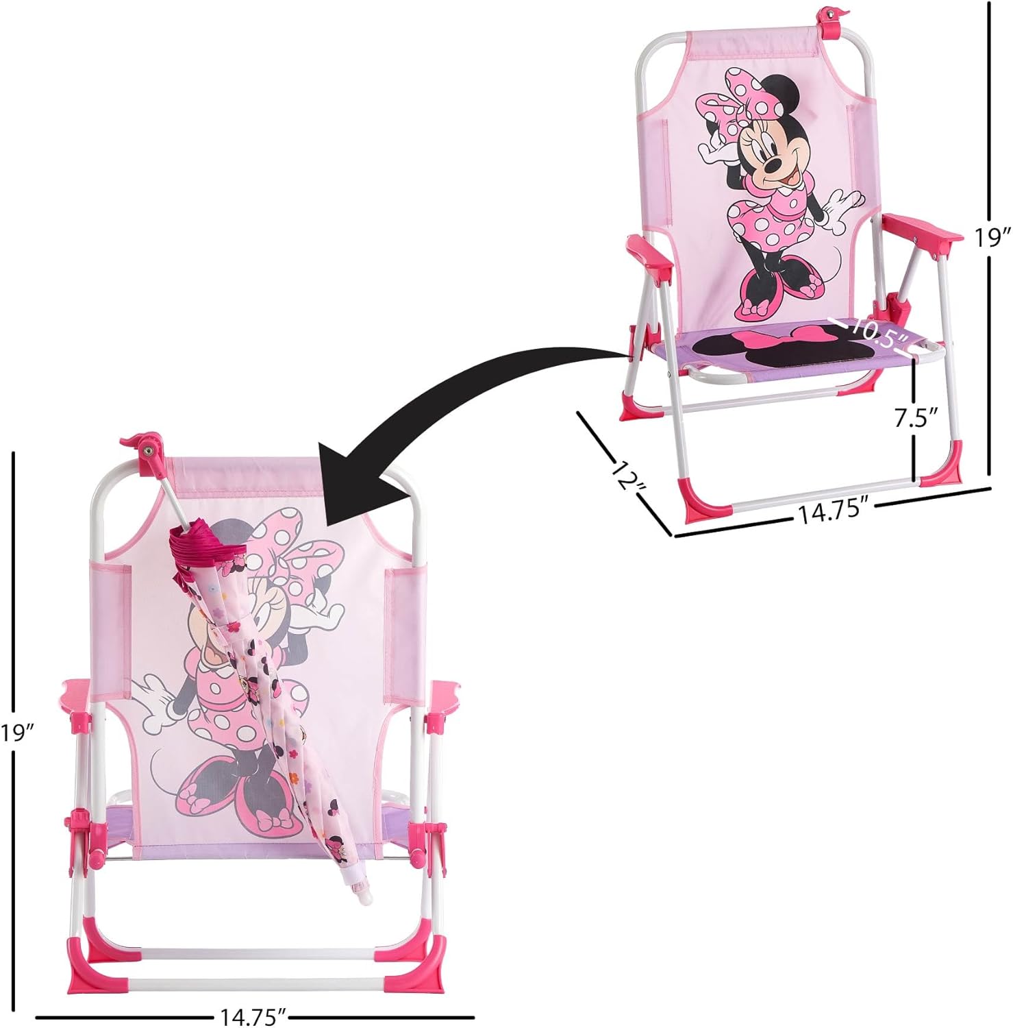 Disney Minnie Mouse Kids Beach Chair with Umbrella,Foldable Portable Toddler Chair with Armrests, Locking Mechanism & Sun Shade
