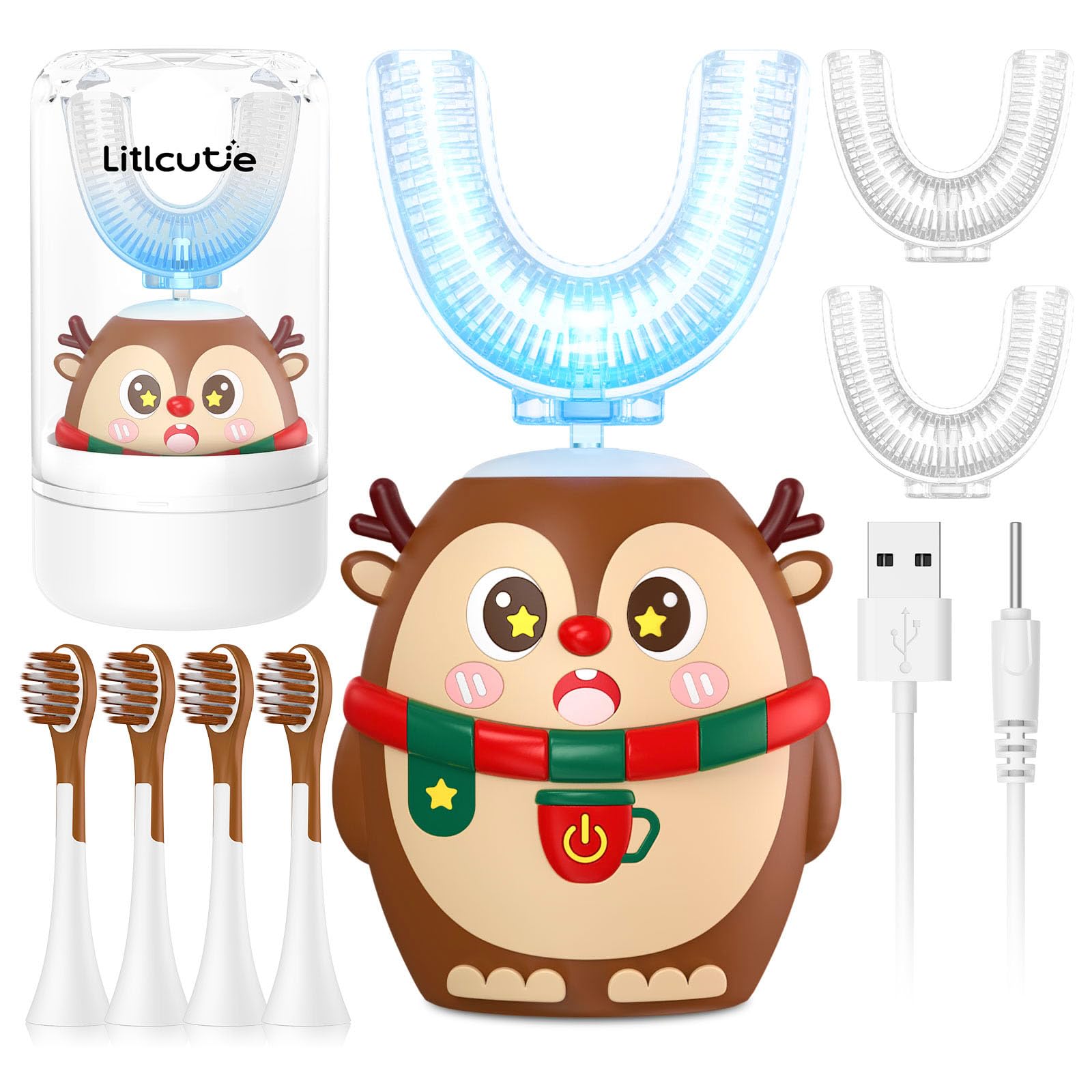 Kids U-Type Electric Toothbrush Ages 2-7, 6 Brush Head, Brown