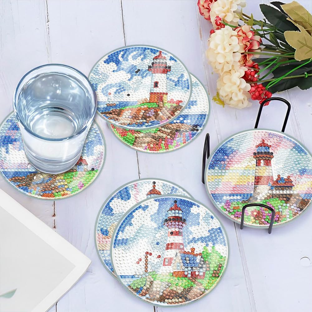 Diamond Painting Coasters Kits 6Pc DIY Coaster Set Diamond Art Paintings Kits Acrylic Washable Coasters with Holder Adults Art Craft Diamond Dots Kits (Lighthouse)